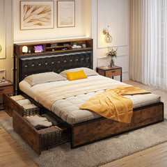 Snhomee Luxury Upholstered Bed Frame with 4 Storage Drawers & USB Charging - 1100LB Heavy Duty, Silent Design, No Box Spring Needed, Vintage Brown