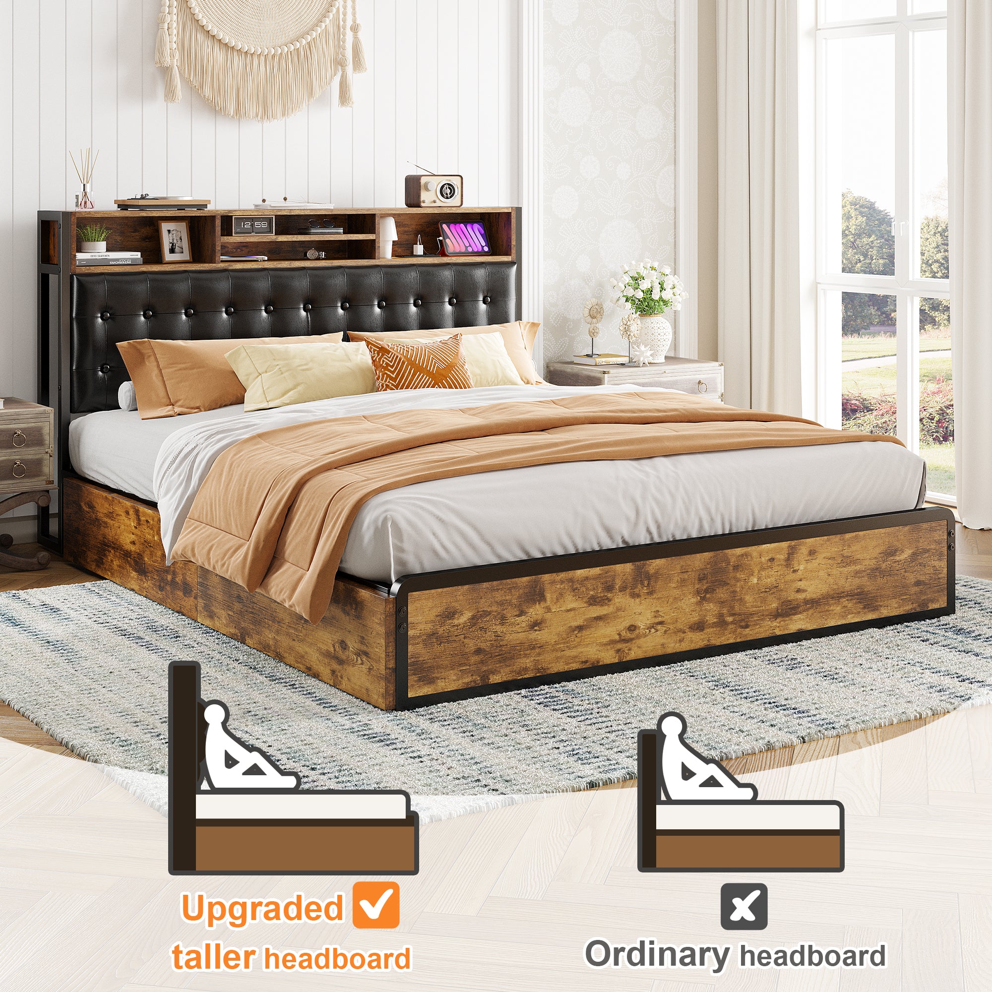 Snhomee Luxury Upholstered Bed Frame with 4 Storage Drawers & USB Charging - 1100LB Heavy Duty, Silent Design, No Box Spring Needed, Vintage Brown