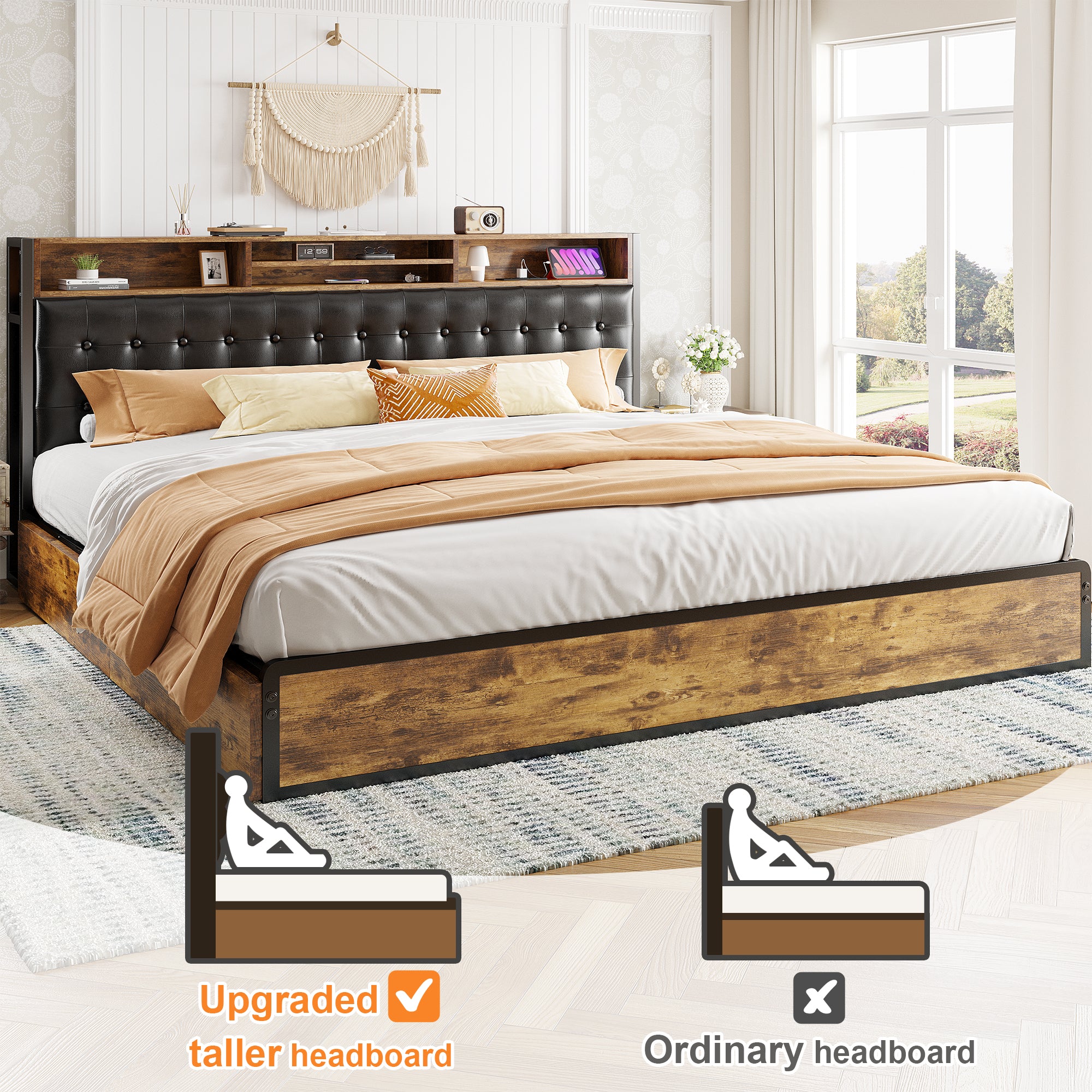 Snhomee Luxury Upholstered Bed Frame with 4 Storage Drawers & USB Charging - 1100LB Heavy Duty, Silent Design, No Box Spring Needed, Vintage Brown
