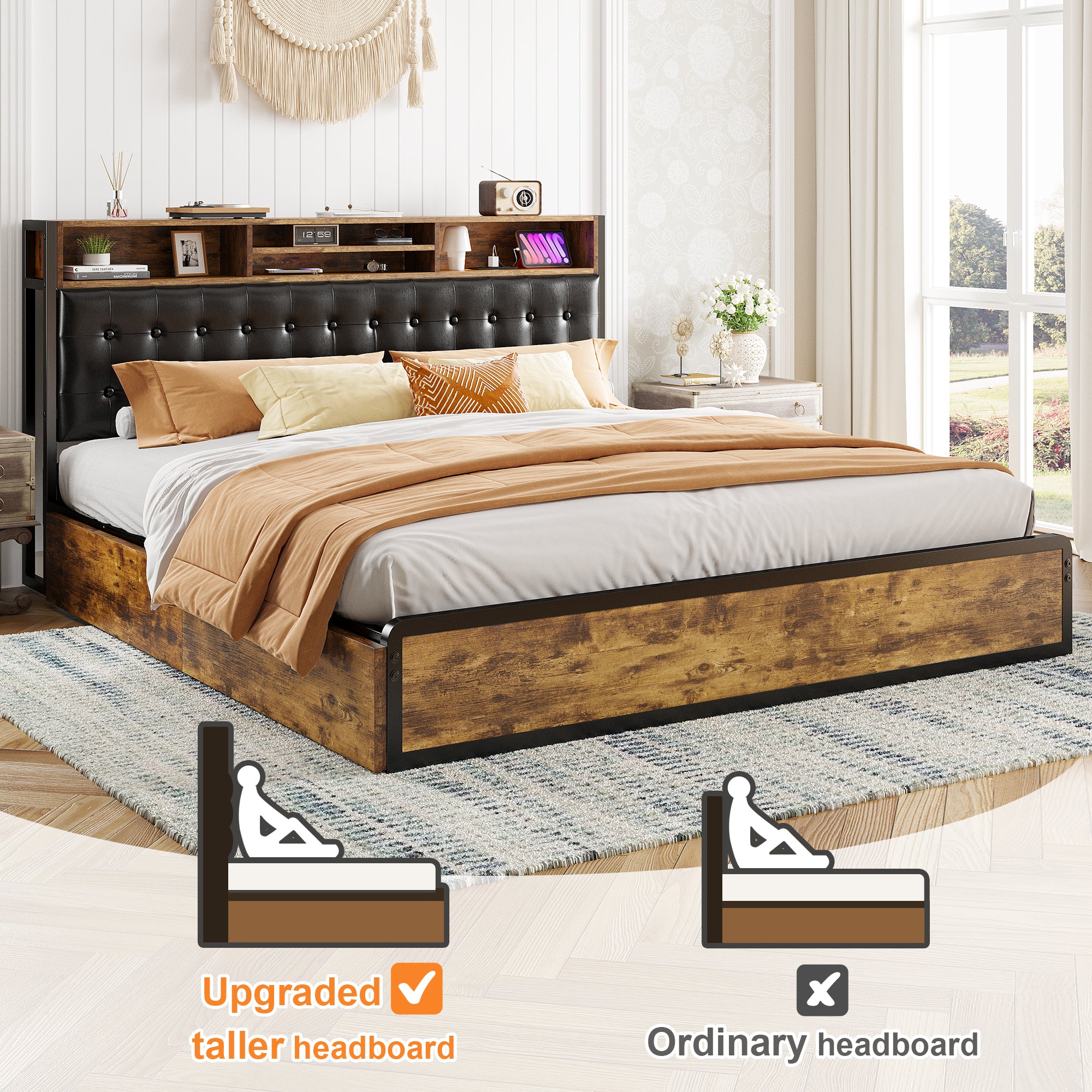 Snhomee Luxury Upholstered Bed Frame with 4 Storage Drawers & USB Charging - 1100LB Heavy Duty, Silent Design, No Box Spring Needed, Vintage Brown