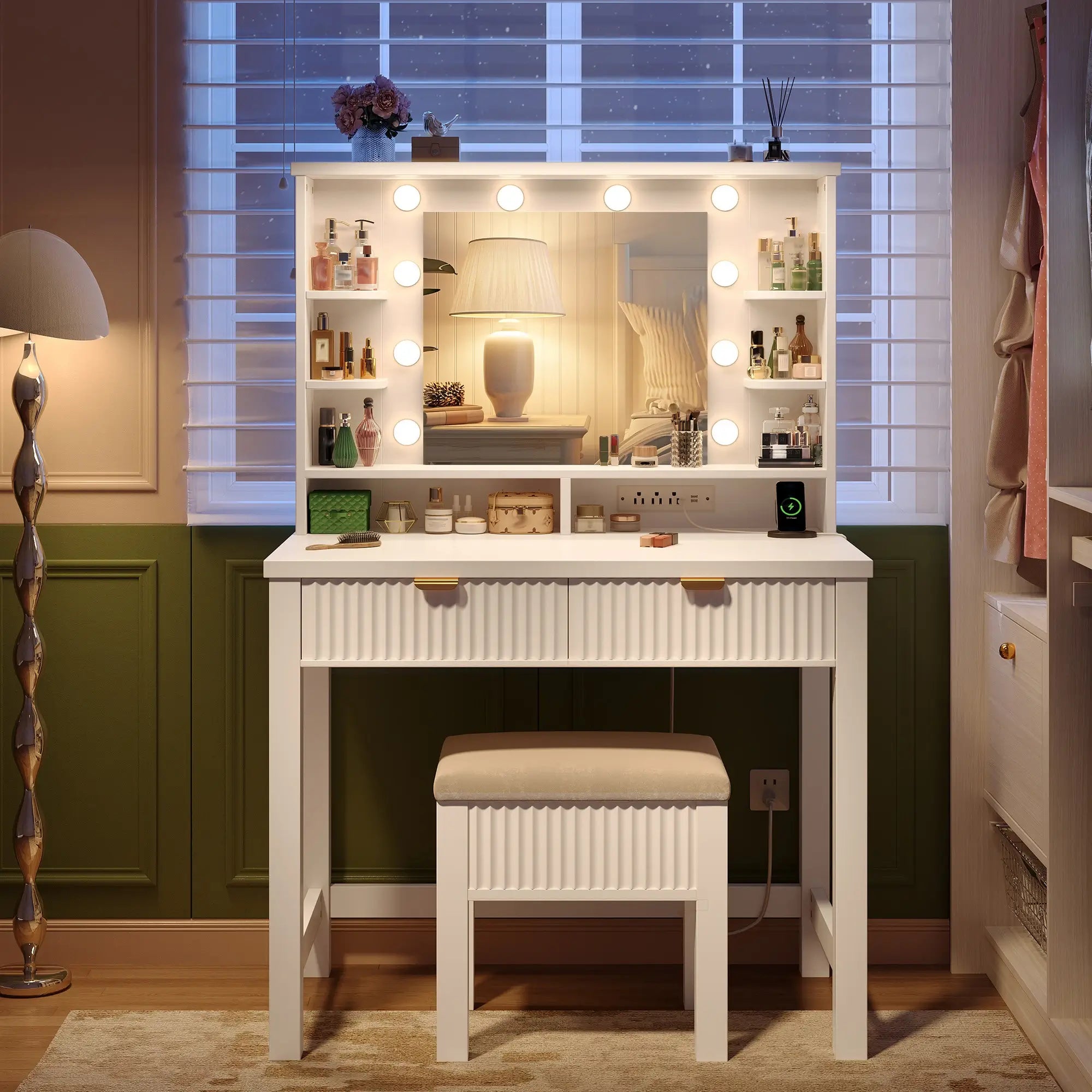 Snhomee Makeup Vanity Desk with Lighted Mirror & Charging Station, Fluted Modern Vanity with Drawers, Shelves & Storage Stool, Space-Saving for Bedroom