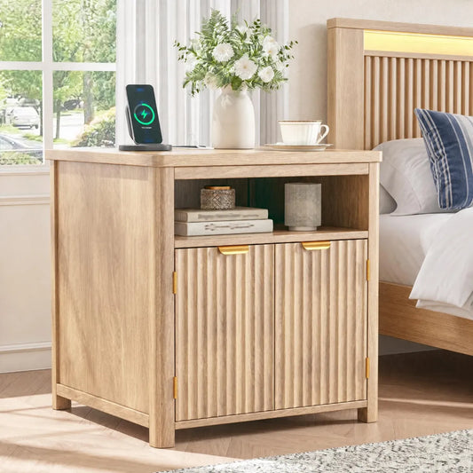 Snhomee Wood Fluted Nightstand with Charging Station, Open Shelf & Cabinet Storage, Modern Farmhouse Style, for Bedroom, Bedside & Living Room 1200