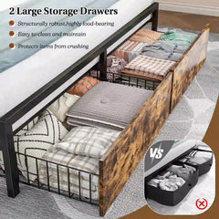 Snhomee Bed Frame with Storage Headboard And 2 Storage Drawers, LED Lights & Charging Station, 800 LBS Capacity, Silent Platform Bed, No Box Spring Needed