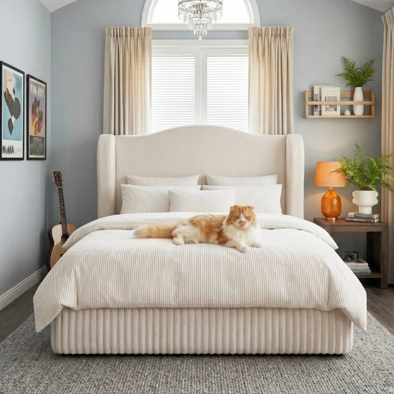 The bed frame with padded edges provides extra cushioning around the footboard and side rails, making it a practical choice for family bedrooms.