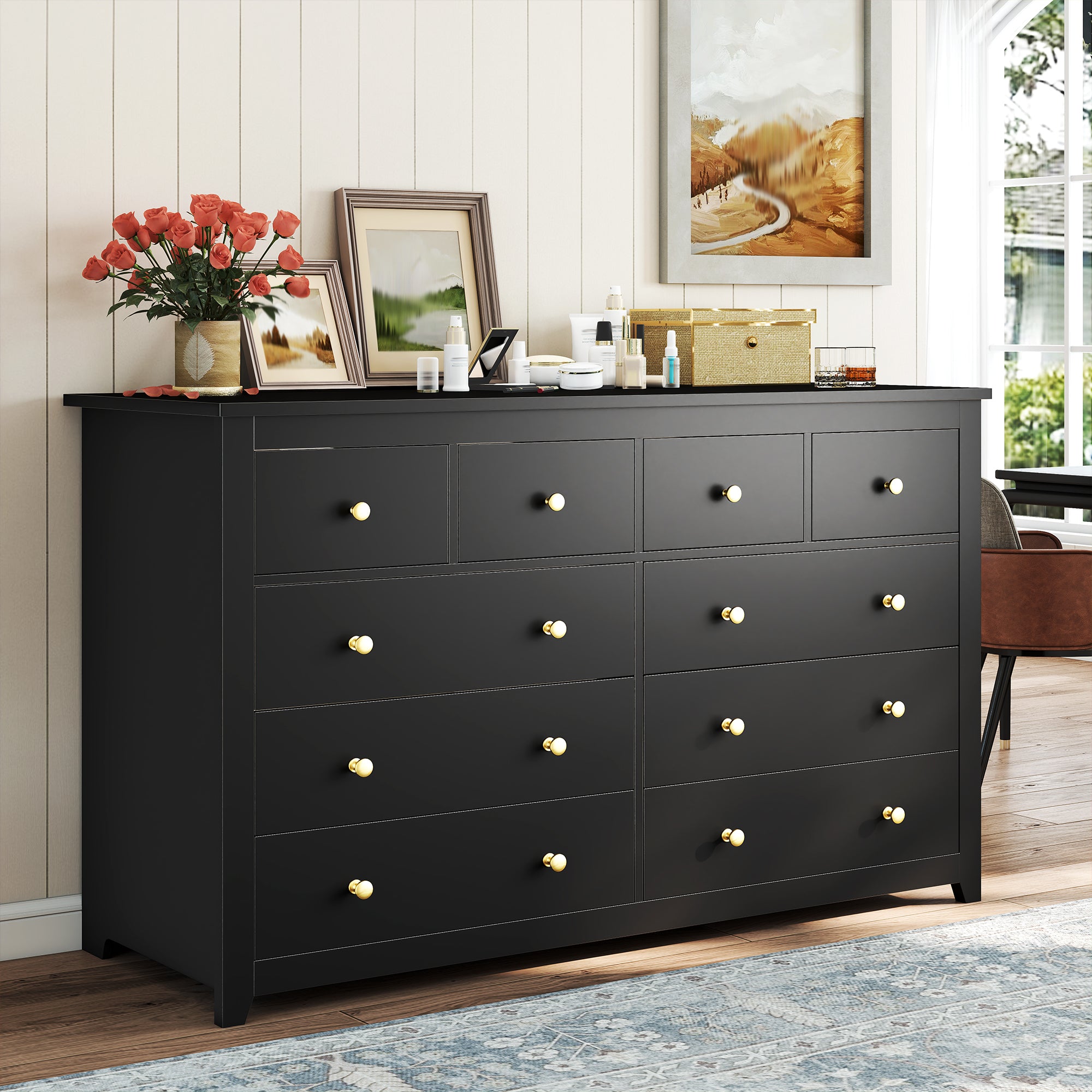 Snhomee 10-Drawer Wooden Chest of Drawers, 52" Extra Wide Dresser for Bedroom Living Room Hallway 52"W x 15.7"D x 36.5"H / Black Snhomee 10-Drawer Wooden Chest of Drawers, 52" Extra Wide Dresser for Bedroom Living Room Hallway 52"W x 15.7"D x 36.5"H / Black