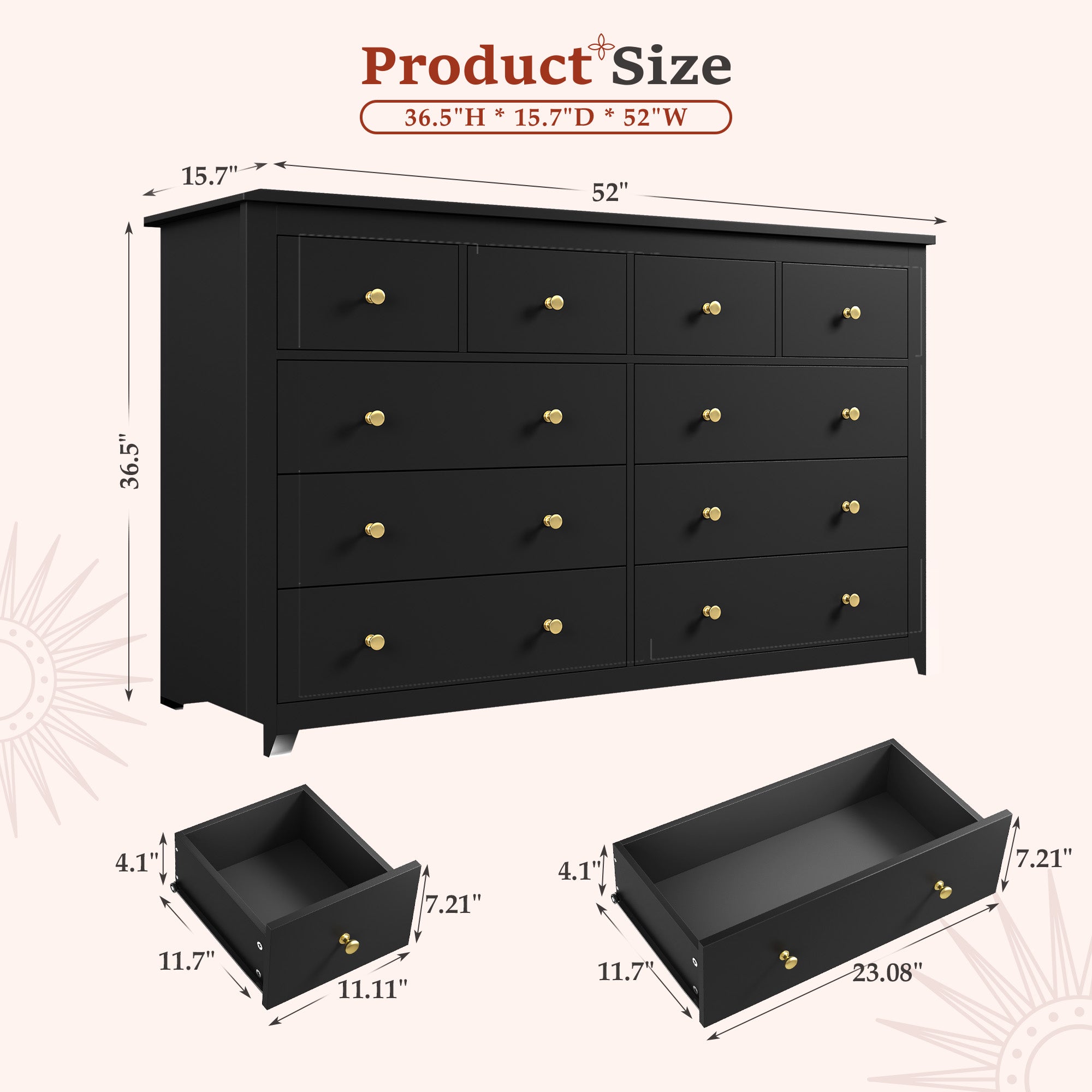 Snhomee 10-Drawer Wooden Chest of Drawers, 52" Extra Wide Dresser for Bedroom Living Room Hallway 52"W x 15.7"D x 36.5"H / Black Snhomee 10-Drawer Wooden Chest of Drawers, 52" Extra Wide Dresser for Bedroom Living Room Hallway 52"W x 15.7"D x 36.5"H / Black