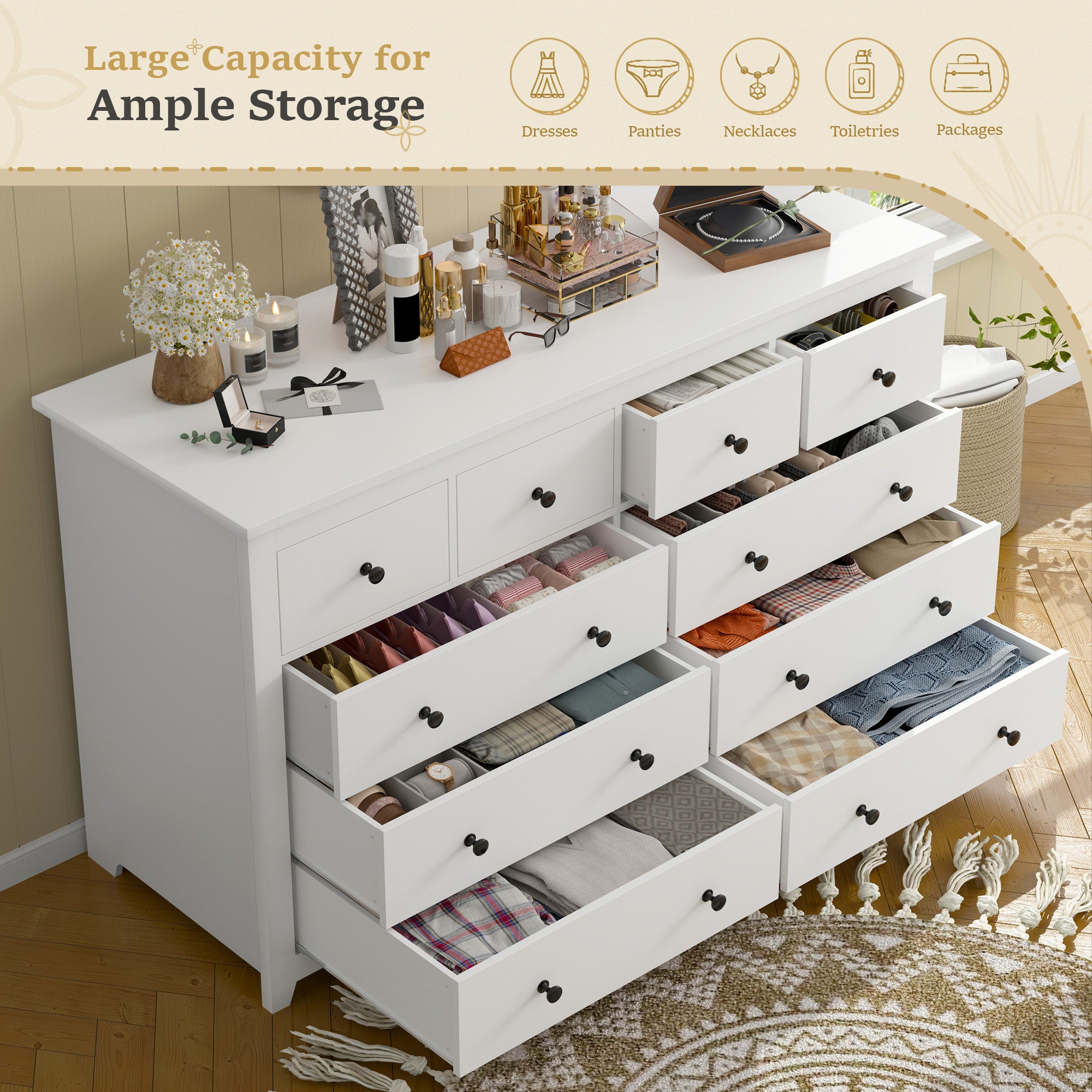 Snhomee 10-Drawer Wooden Chest of Drawers, 52" Extra Wide Dresser for Bedroom Living Room Hallway 52"W x 15.7"D x 36.5"H / Black Snhomee 10-Drawer Wooden Chest of Drawers, 52" Extra Wide Dresser for Bedroom Living Room Hallway 52"W x 15.7"D x 36.5"H / Black