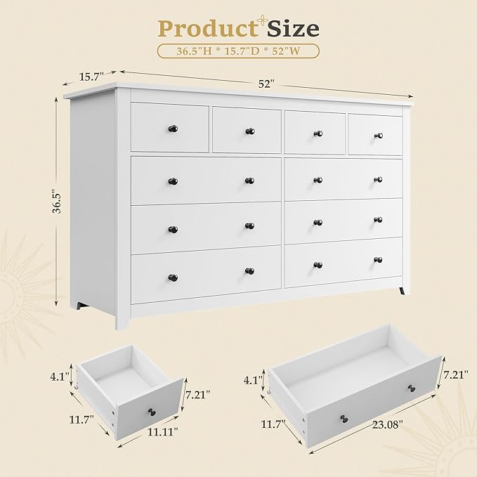 Snhomee 10-Drawer Wooden Chest of Drawers, 52" Extra Wide Dresser for Bedroom Living Room Hallway 52"W x 15.7"D x 36.5"H / Black Snhomee 10-Drawer Wooden Chest of Drawers, 52" Extra Wide Dresser for Bedroom Living Room Hallway 52"W x 15.7"D x 36.5"H / Black