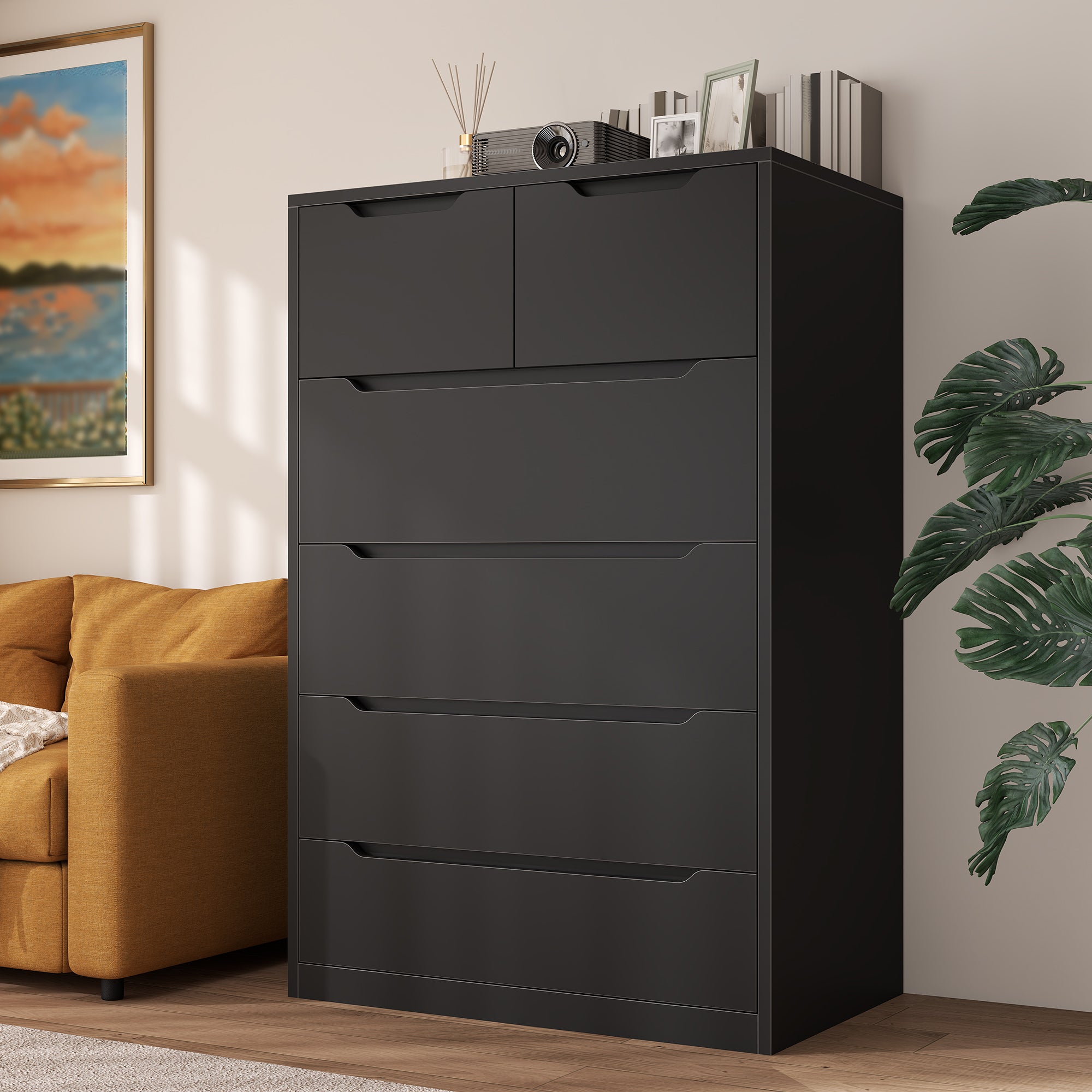 Wood Dresser with 6 Drawers - Modern Bedroom Chest, 250LB Top Weight Capacity, Deep Storage Drawers, Space-Saving Storage for Hallway, Closet, Dorm/Apartment