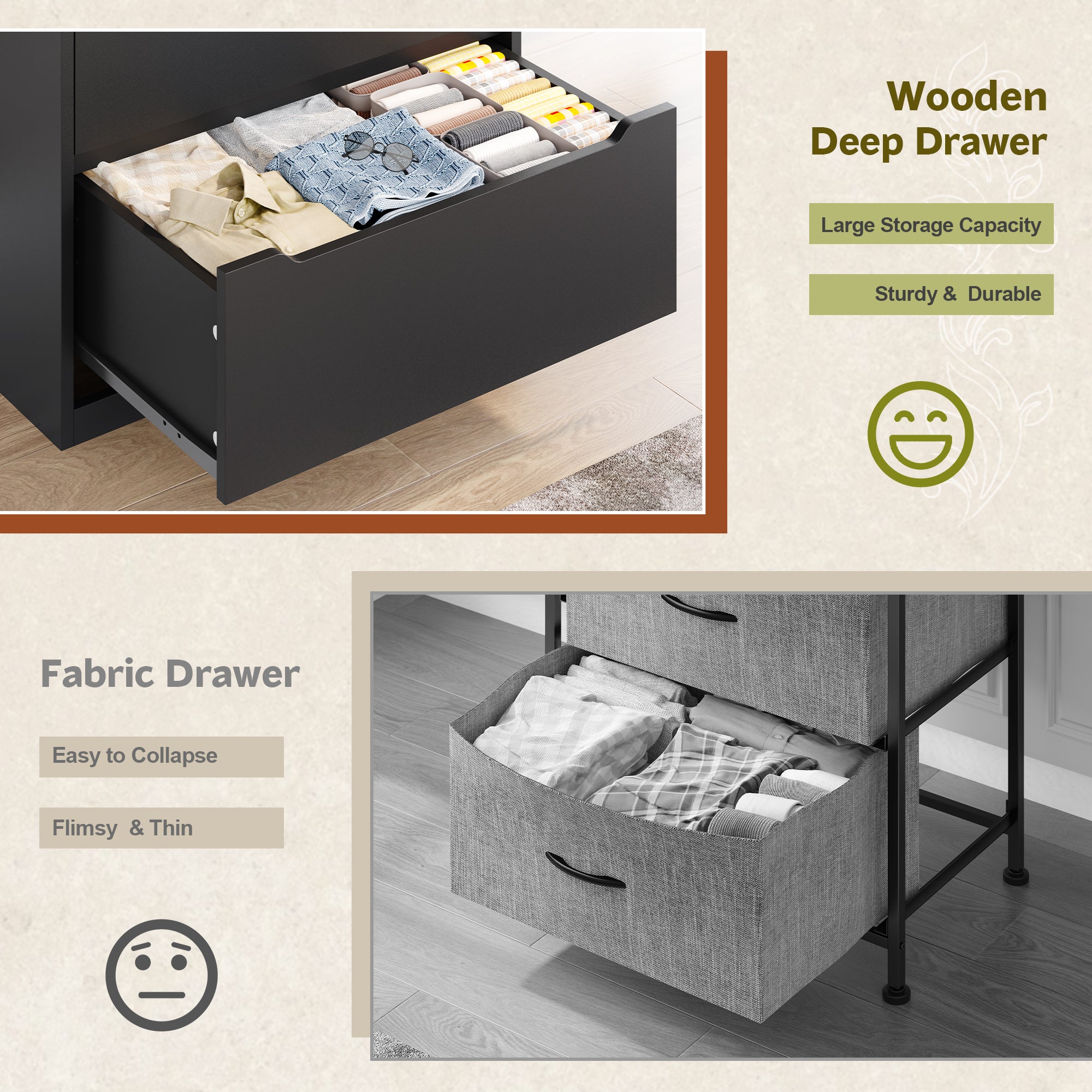 Wood Dresser with 6 Drawers - Modern Bedroom Chest, 250LB Top Weight Capacity, Deep Storage Drawers, Space-Saving Storage for Hallway, Closet, Dorm/Apartment
