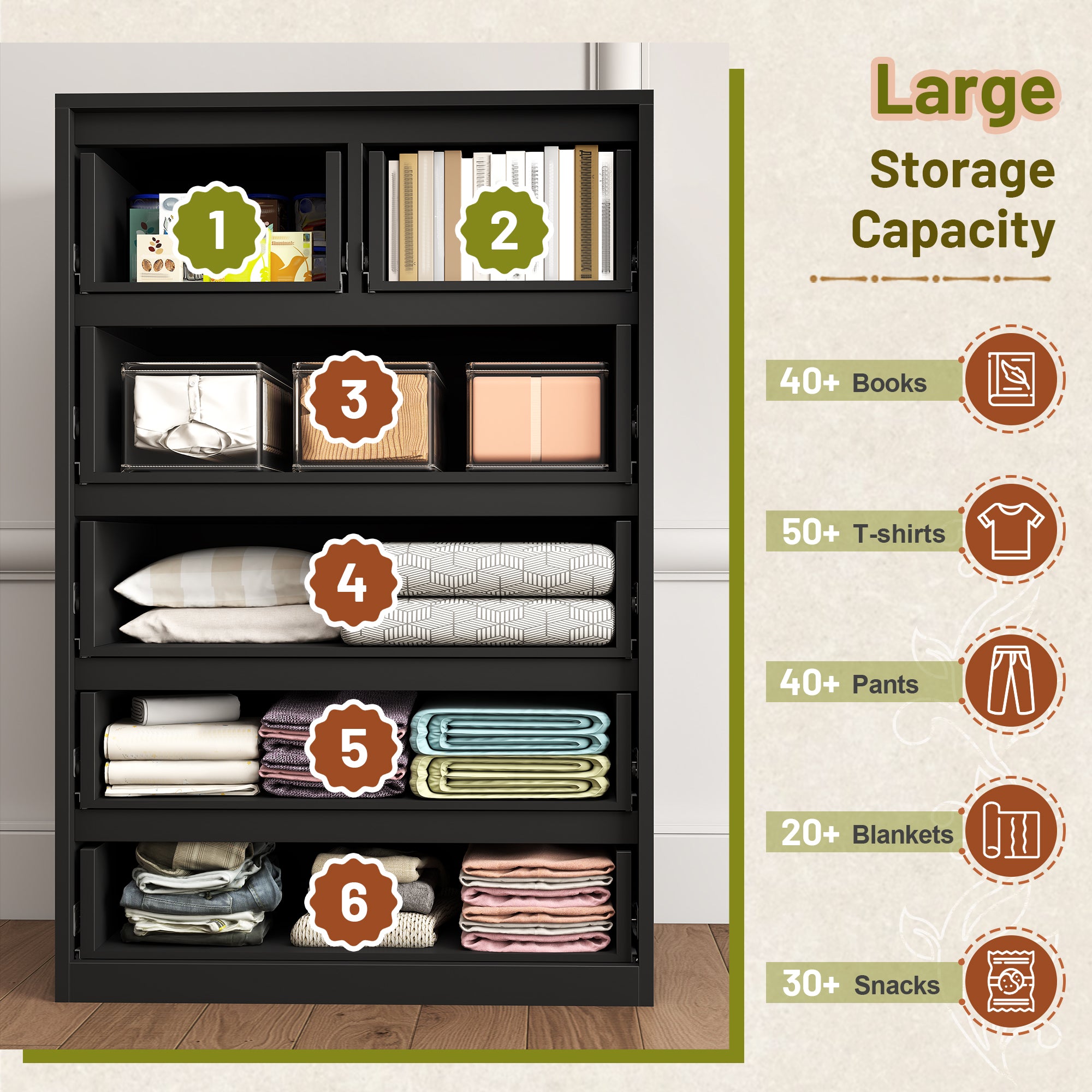 Wood Dresser with 6 Drawers - Modern Bedroom Chest, 250LB Top Weight Capacity, Deep Storage Drawers, Space-Saving Storage for Hallway, Closet, Dorm/Apartment