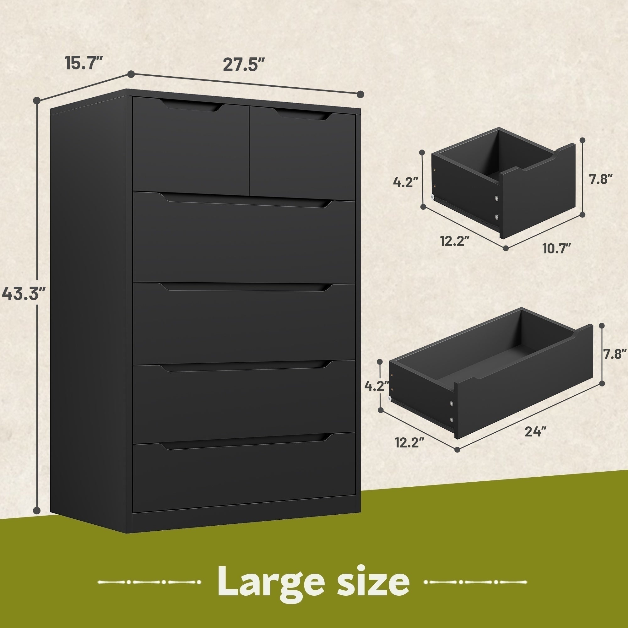 Wood Dresser with 6 Drawers - Modern Bedroom Chest, 250LB Top Weight Capacity, Deep Storage Drawers, Space-Saving Storage for Hallway, Closet, Dorm/Apartment