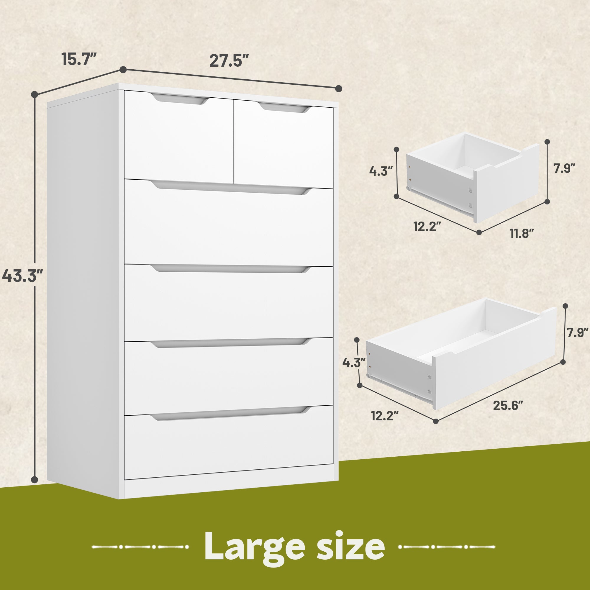 Snhomee 6 Drawers Wood Dresser, 43.3" Tall Dresser with Deep Drawers for Bedroom Living Room Hallway Entryway