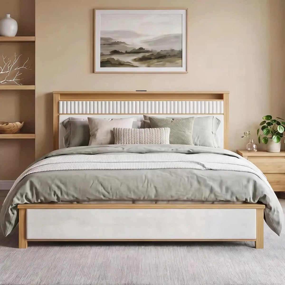 Snhomee Solid Wood Bed Frame with Upholstered Headboard,800 LBS Bed Frame with LED Lights & Charging Station, Noise-Free