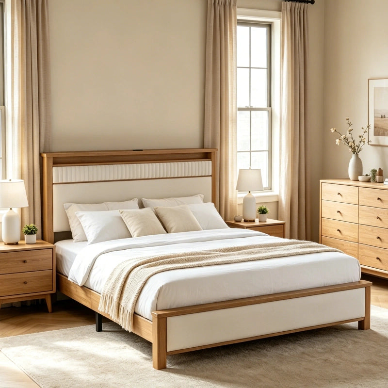 Snhomee Solid Wood Bed Frame with Upholstered Headboard,800 LBS Bed Frame with LED Lights & Charging Station, Noise-Free