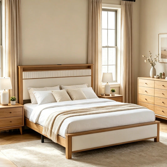 Snhomee Solid Wood Bed Frame with Upholstered Headboard,800 LBS Bed Frame with LED Lights & Charging Station, Noise-Free 800
