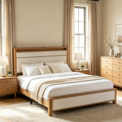 Snhomee Solid Wood Bed Frame with Upholstered Headboard,800 LBS Bed Frame with LED Lights & Charging Station, Noise-Free
