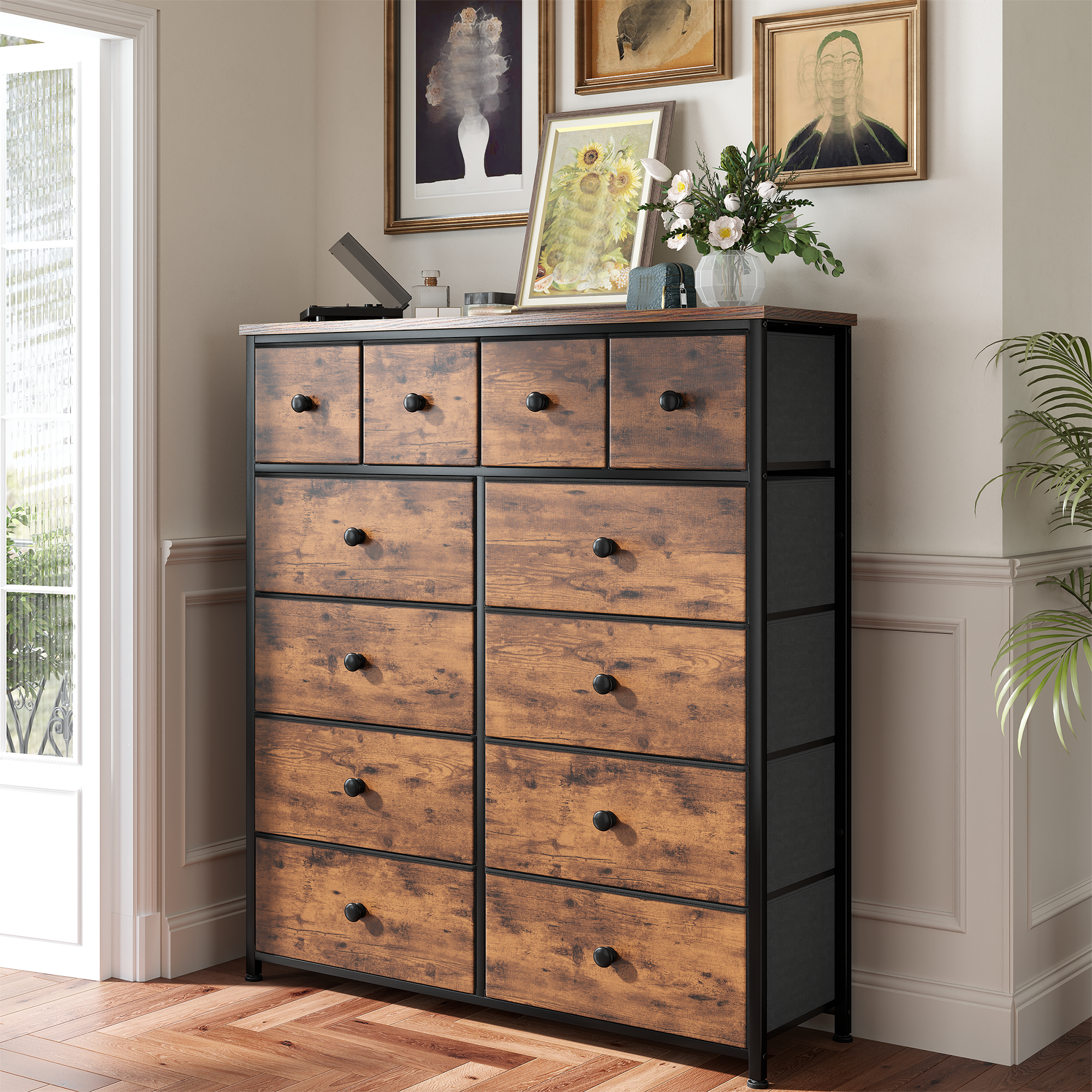 Snhomee 12-Drawer Tall Dresser for Bedroom  - Fabric & Metal Storage Organizer with Wood Top, Anti-Tip Design, Space-Saving, Closet, Entryway, Dorm Furniture, Back to school