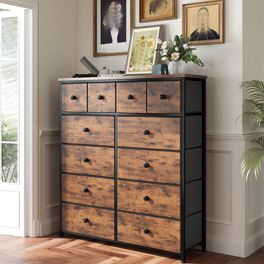 Snhomee 12-Drawer Tall Dresser for Bedroom  - Fabric & Metal Storage Organizer with Wood Top, Anti-Tip Design, Space-Saving, Closet, Entryway, Dorm Furniture, Back to school