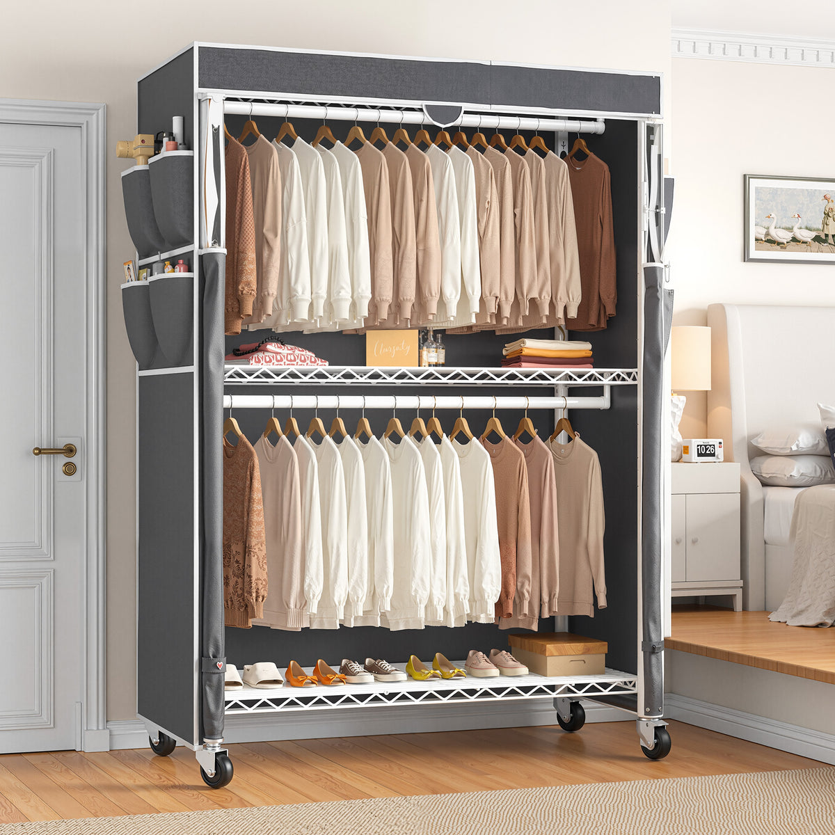 Snhomee 440LBS Heavy Duty Clothing Rack with Wheels,Clothes Rack with Cover,Portable Closet with Wheels