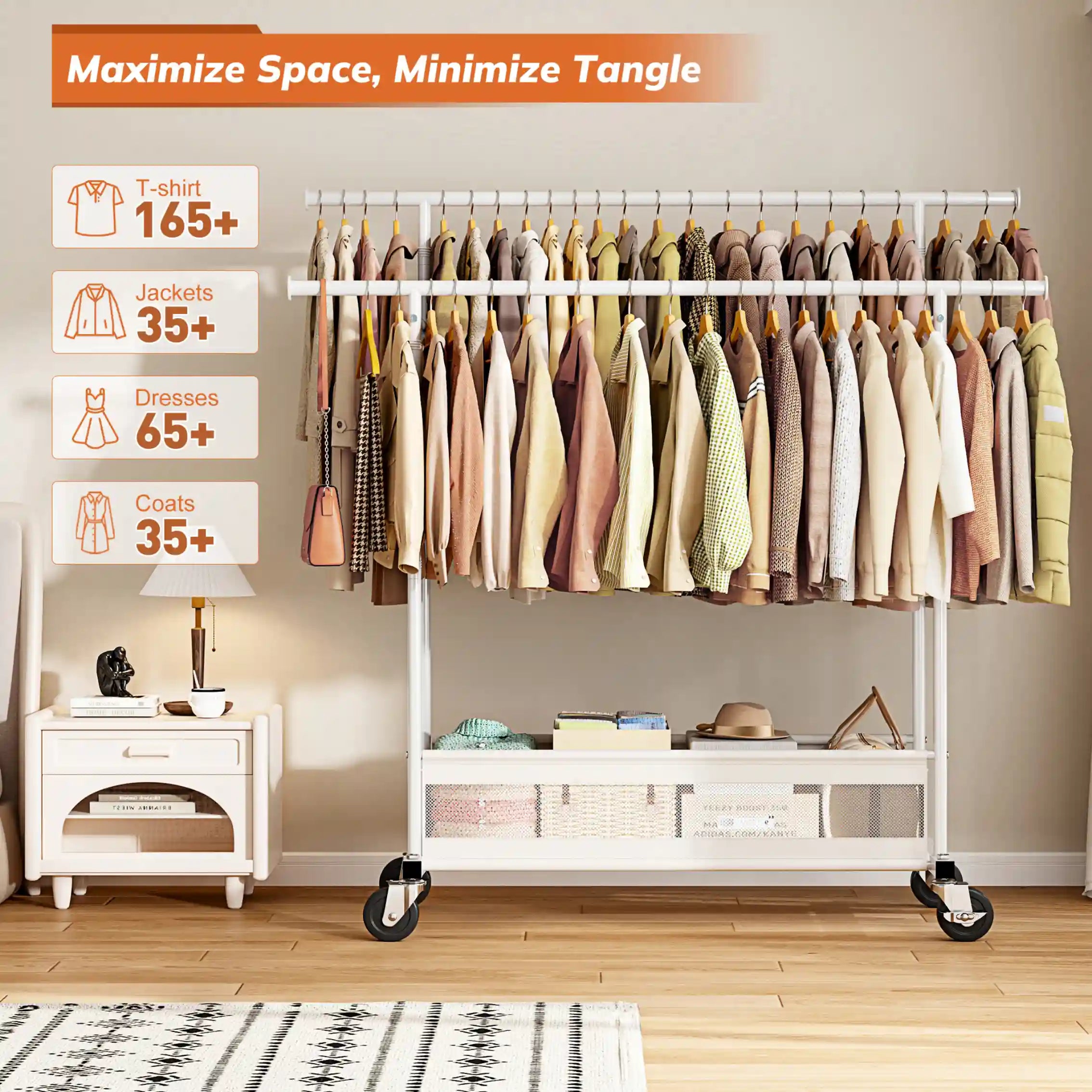 The large clothing storage rack for wardrobe organization helps keep daily outfits, seasonal clothes, jackets, and dresses neatly arranged.