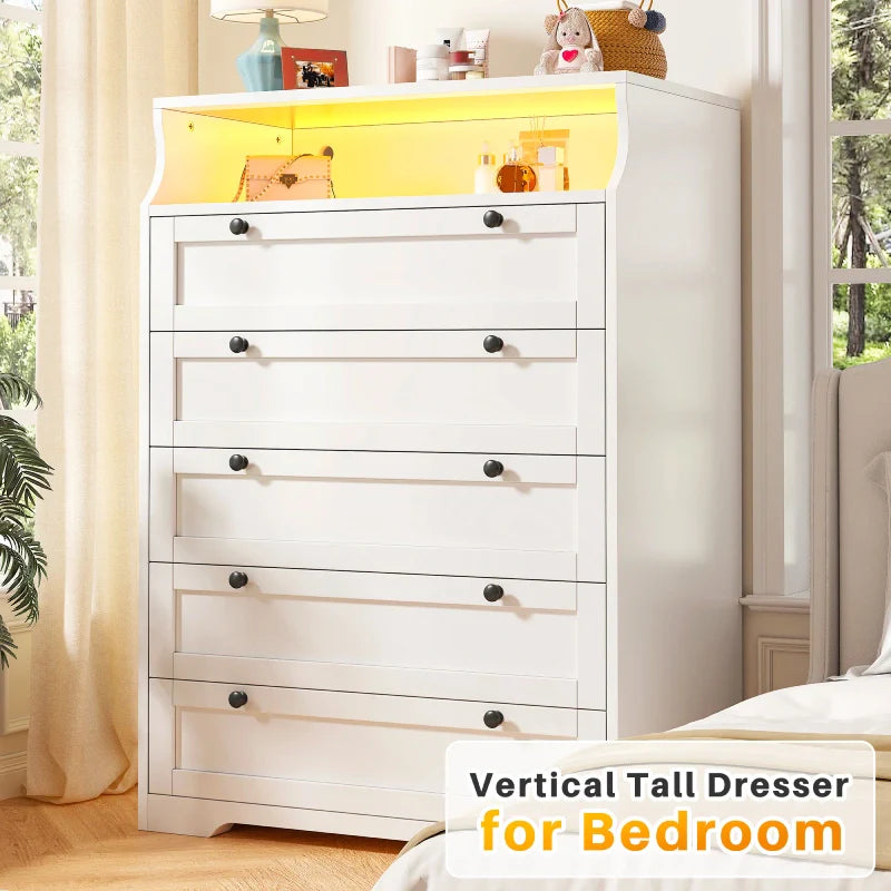 48"H 5-Drawer Wood Dresser and Chest with LED Lights for Bedroom-Clothing & Closet Storage-31.3"L x 15.7"W x 48.5"H-Black-snhomee