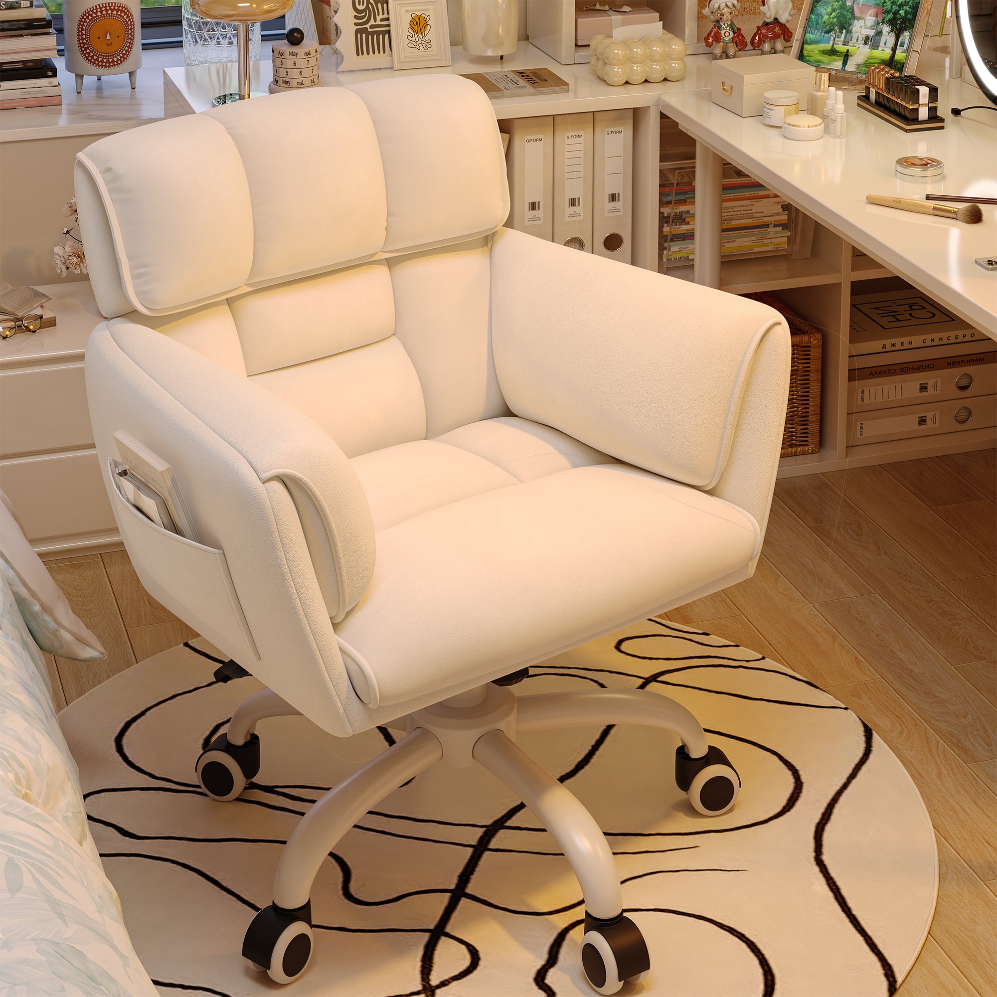 Modern Adjustable Vanity Chair with Wheels | Skin-Friendly Upholstery & Side Pockets | Bedroom Makeup Seat | Home Office Chair-Beige-snhomee
