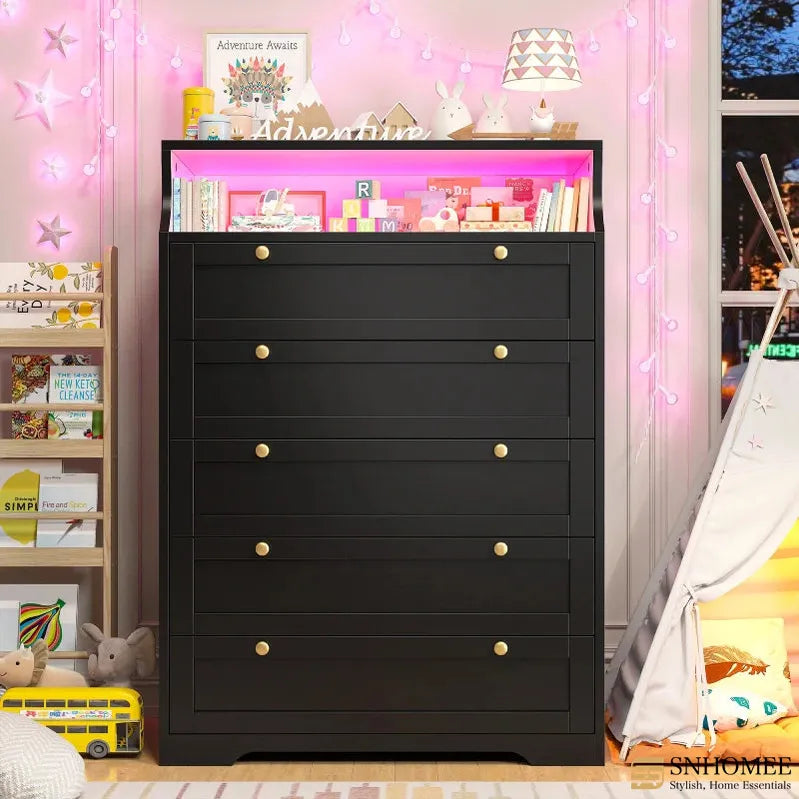 48"H 5-Drawer Wood Dresser and Chest with LED Lights for Bedroom-Clothing & Closet Storage-31.3"L x 15.7"W x 48.5"H-Black-snhomee