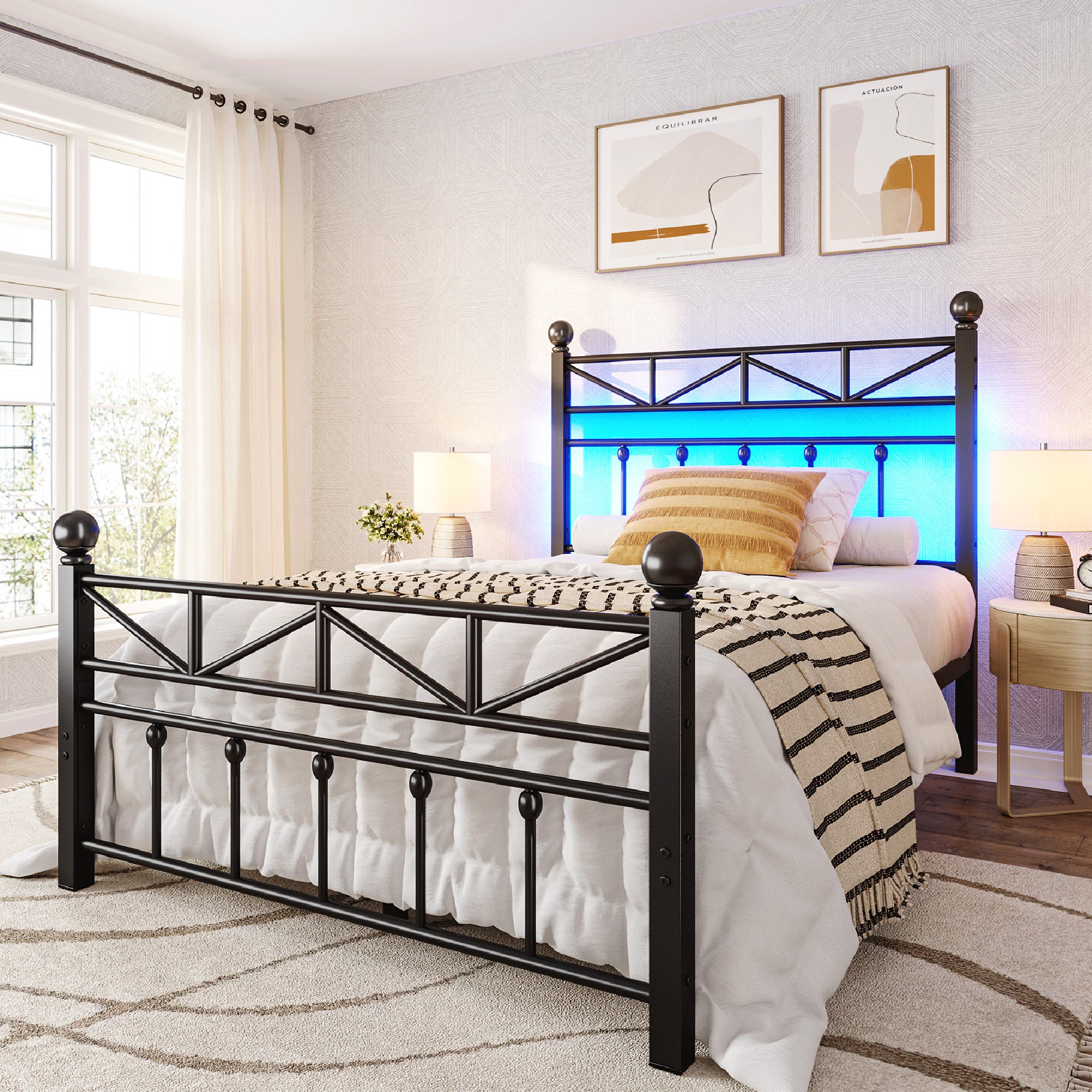 LED Metal Bed Frame with Tall Headboard & Footboard, Vintage Industrial Bed, Under Bed Storage & No Box Spring Needed, Noise-Free Design for Modern & Farmhouse Bedrooms