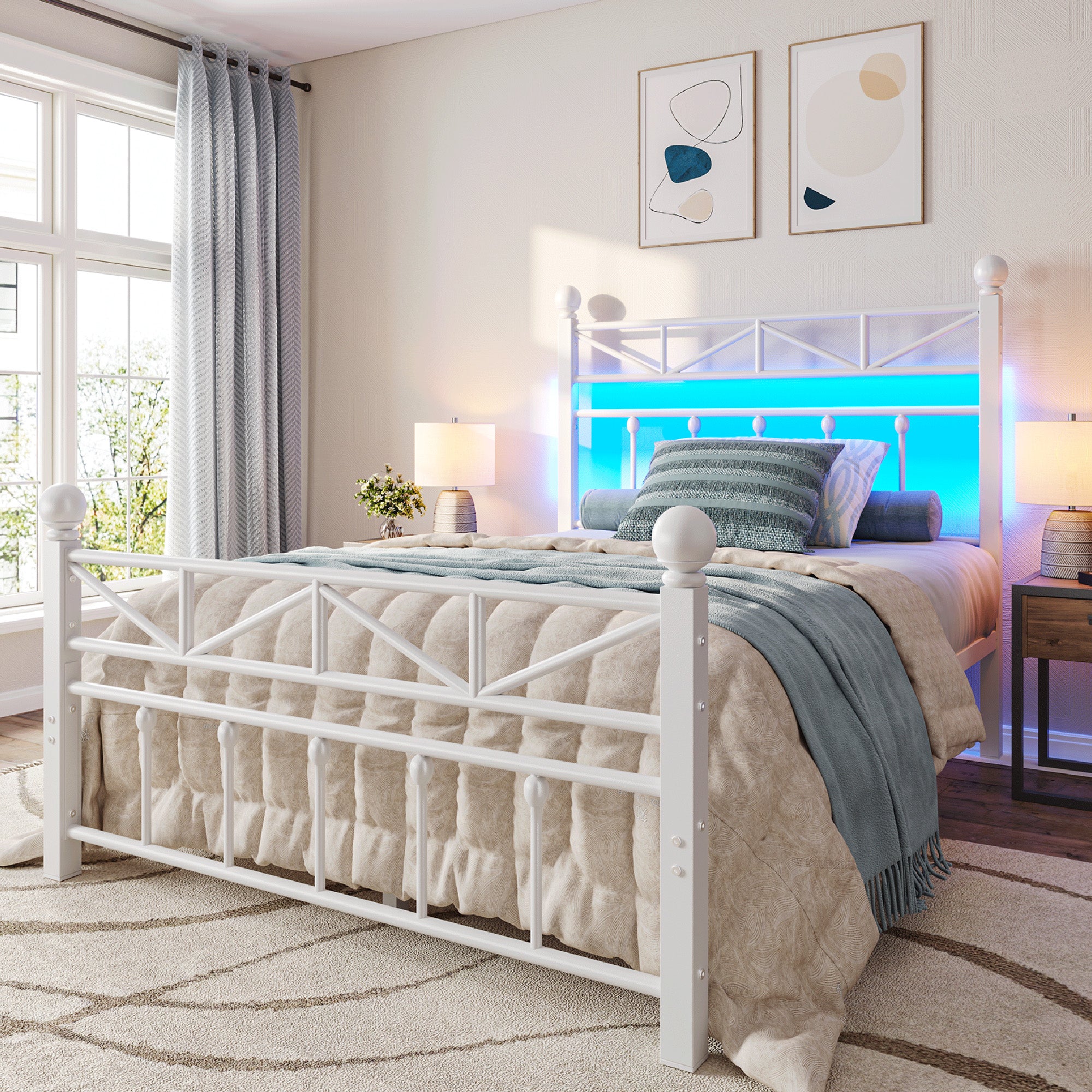 LED Metal Bed Frame with Tall Headboard & Footboard, Vintage Industrial Bed, Under Bed Storage & No Box Spring Needed, Noise-Free Design for Modern & Farmhouse Bedrooms