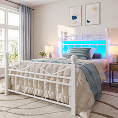 LED Metal Bed Frame with Tall Headboard & Footboard, Vintage Industrial Bed, Under Bed Storage & No Box Spring Needed, Noise-Free Design for Modern & Farmhouse Bedrooms
