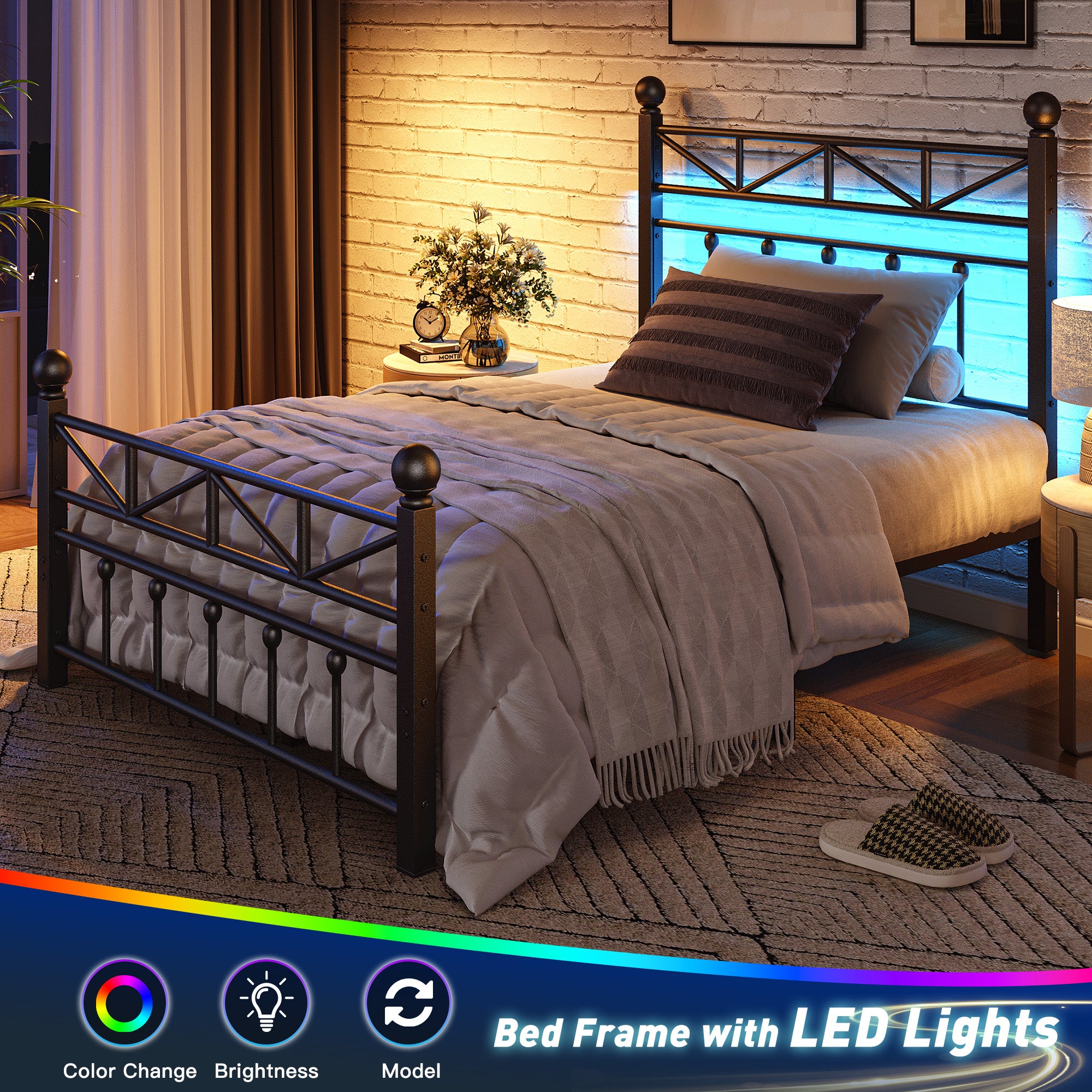 LED Metal Bed Frame with Tall Headboard & Footboard, Vintage Industrial Bed, Under Bed Storage & No Box Spring Needed, Noise-Free Design for Modern & Farmhouse Bedrooms