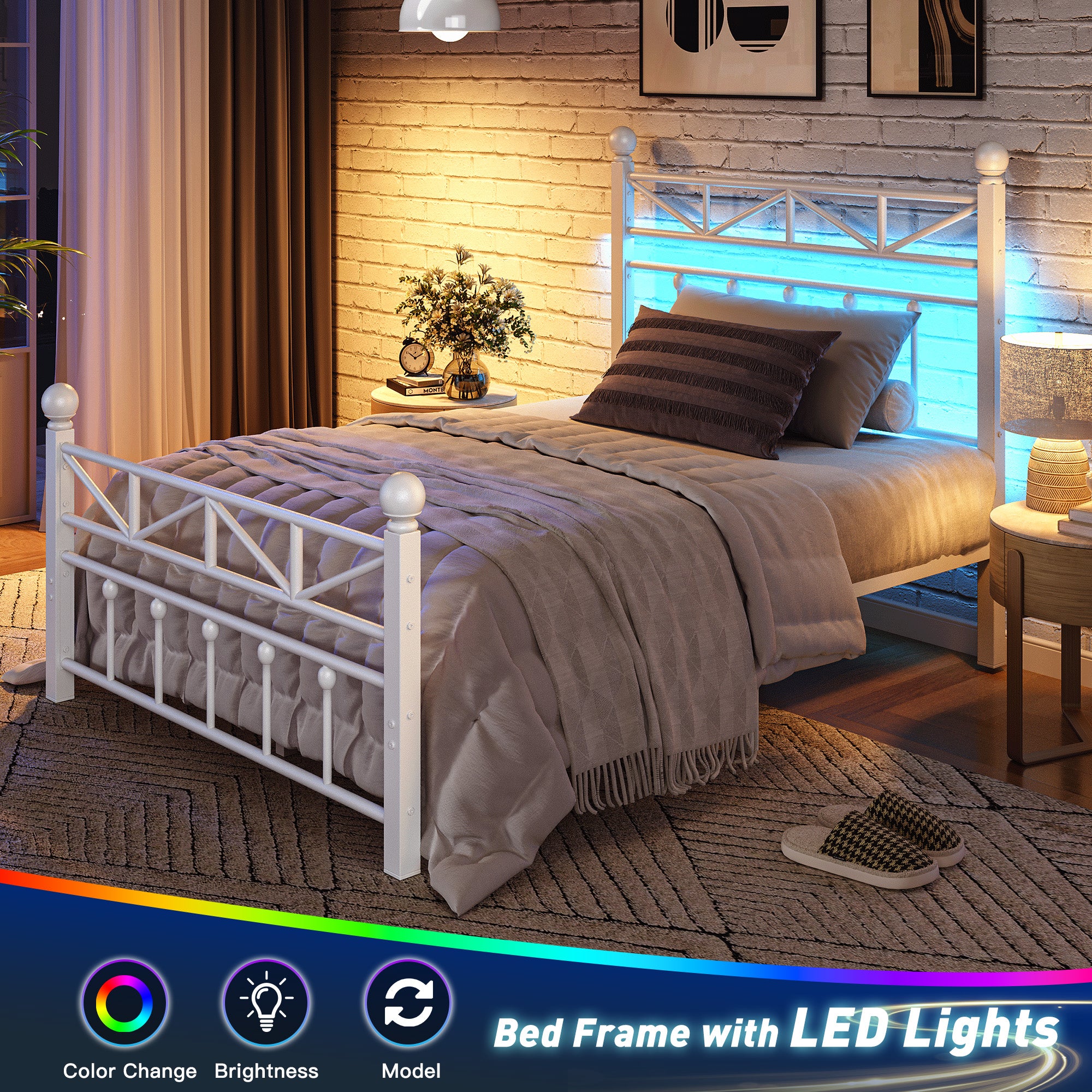 LED Metal Bed Frame with Tall Headboard & Footboard, Vintage Industrial Bed, Under Bed Storage & No Box Spring Needed, Noise-Free Design for Modern & Farmhouse Bedrooms
