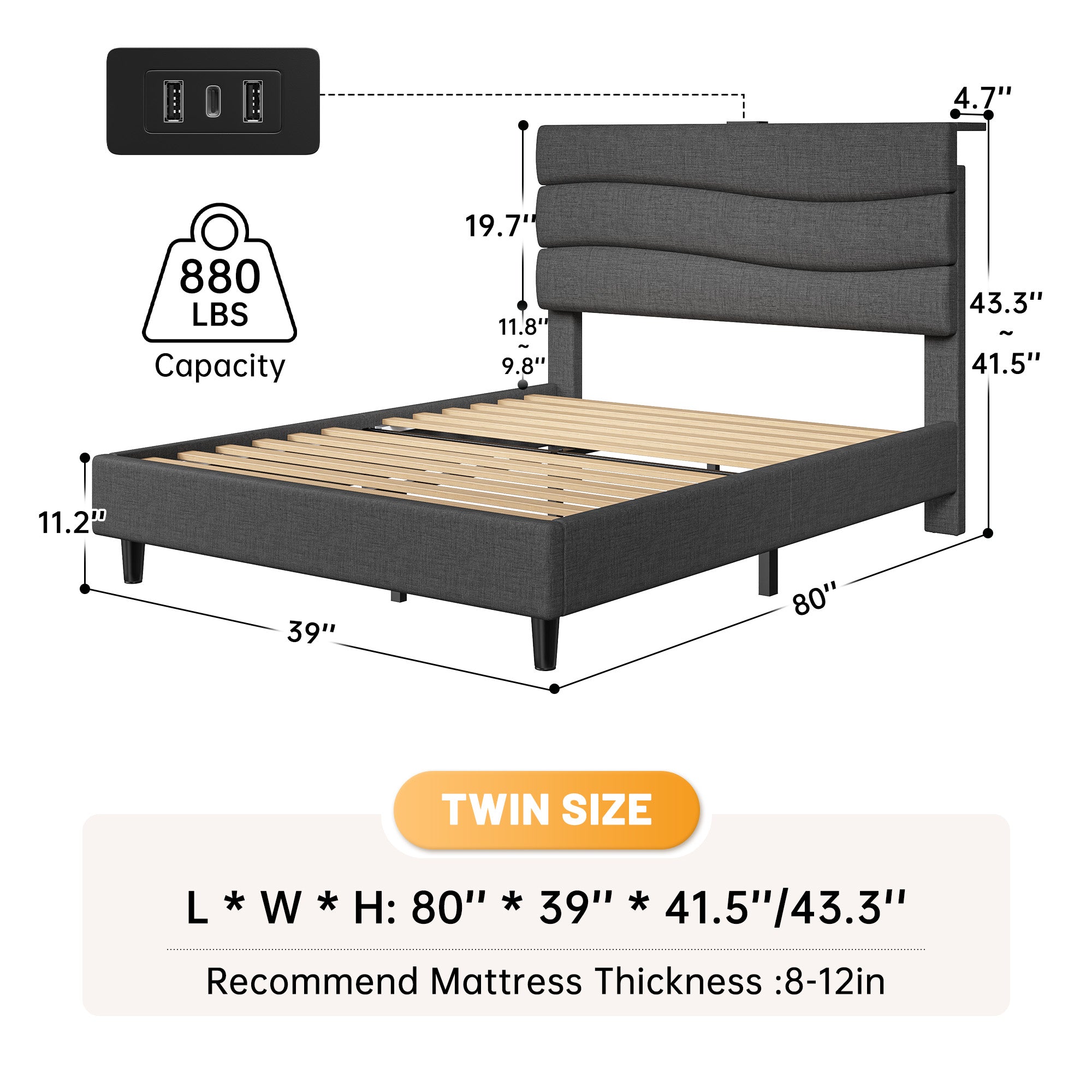 SnHomee Upholstered Bed Frame with Storage Headboard & Charging Station - USB Ports, Adjustable Fabric Headboard, Noise-Free Design, No Box Spring Needed, Back to School Beds On Sale