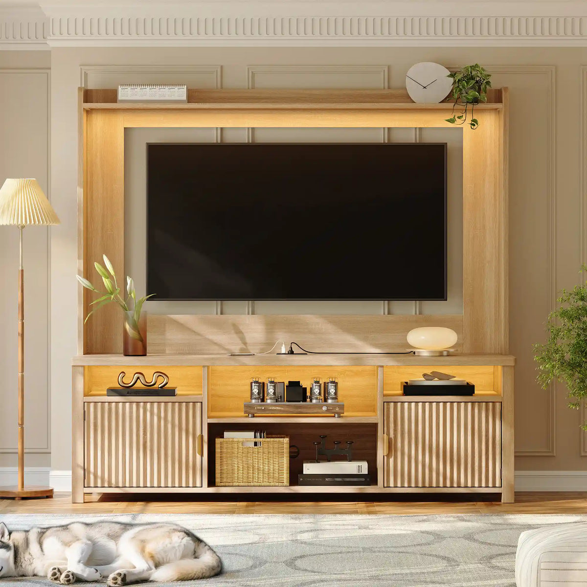 Snhomee 70.9"H TV Stand With Bookshelves & Charging Station, with 4 Storage Shelves & 2 Magnetic Cabinet Doors for Living Room