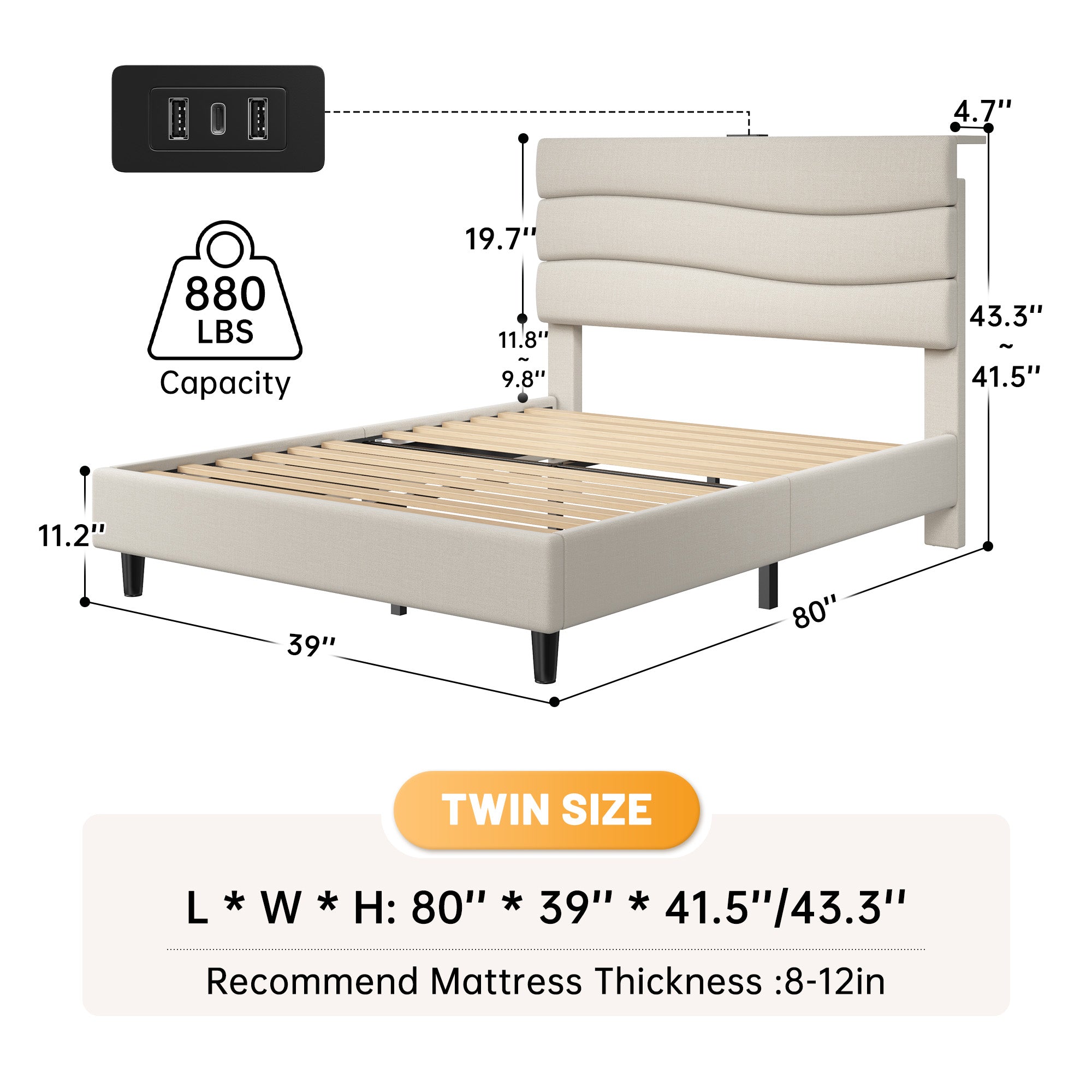 SnHomee Upholstered Bed Frame with Storage Headboard & Charging Station - USB Ports, Adjustable Fabric Headboard, Noise-Free Design, No Box Spring Needed, Back to School Beds On Sale