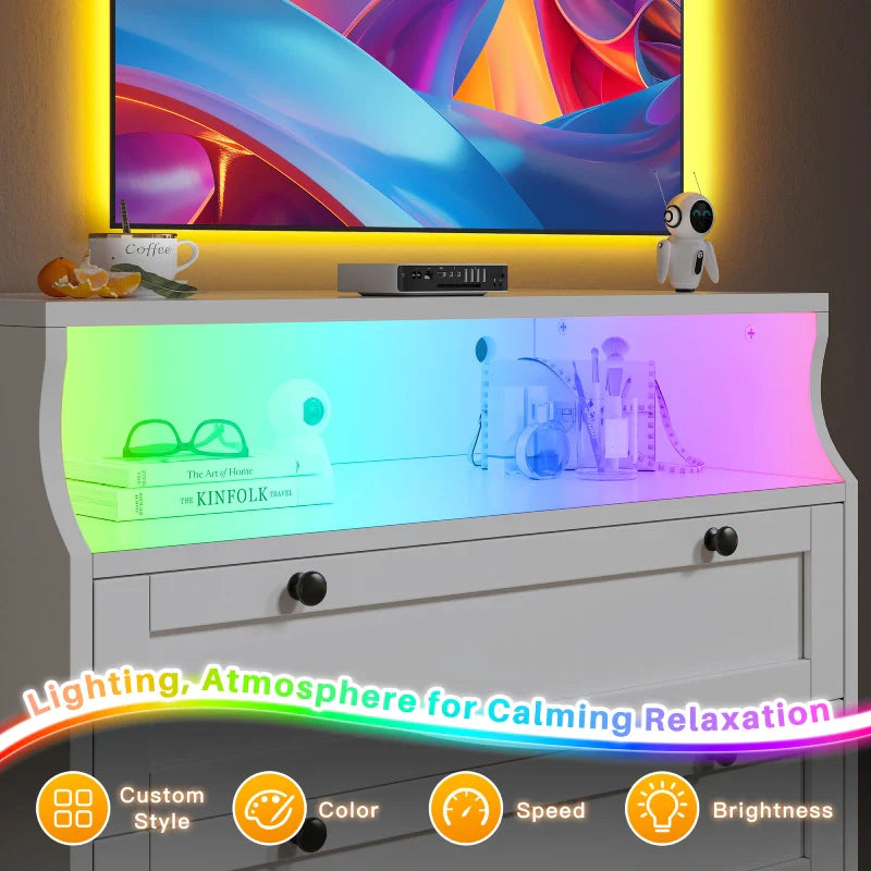 48"H 5-Drawer Wood Dresser and Chest with LED Lights for Bedroom-Clothing & Closet Storage-31.3"L x 15.7"W x 48.5"H-Black-snhomee