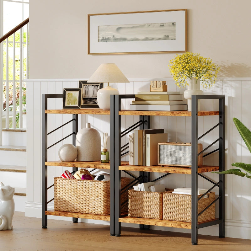 three-tier bookshelves are displayed in the corridor, with a lot of miscellaneous items stacked on them
