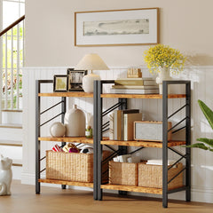 three-tier bookshelves are displayed in the corridor, with a lot of miscellaneous items stacked on them