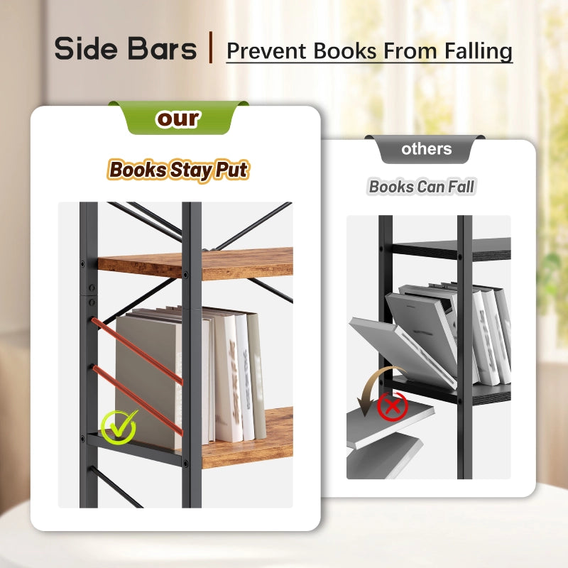 Three-tier bookshelf side rail anti-slip design to prevent books and other items from sliding off one side