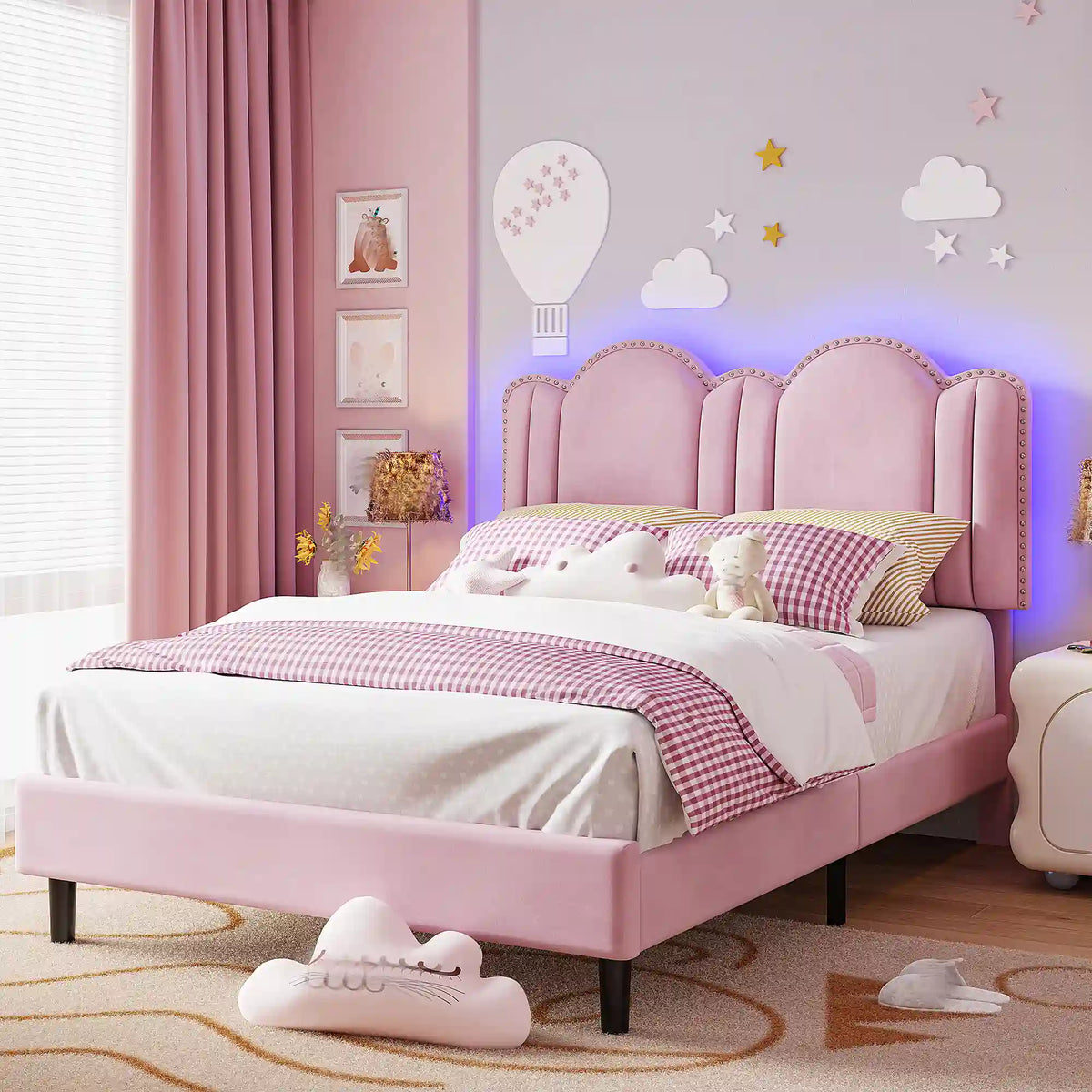 900 LBS Bed Frame with Headboard&LED Lights,Adjustable Cute Cloud Headboard,Noise Free&Easy Assembly