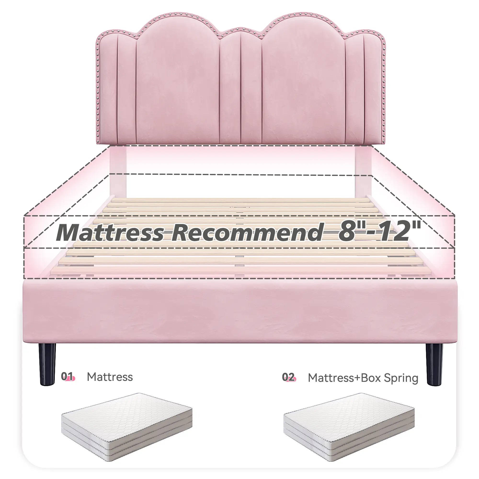 900 LBS Bed Frame with Headboard&LED Lights,Adjustable Cute Cloud Headboard,Noise Free&Easy Assembly
