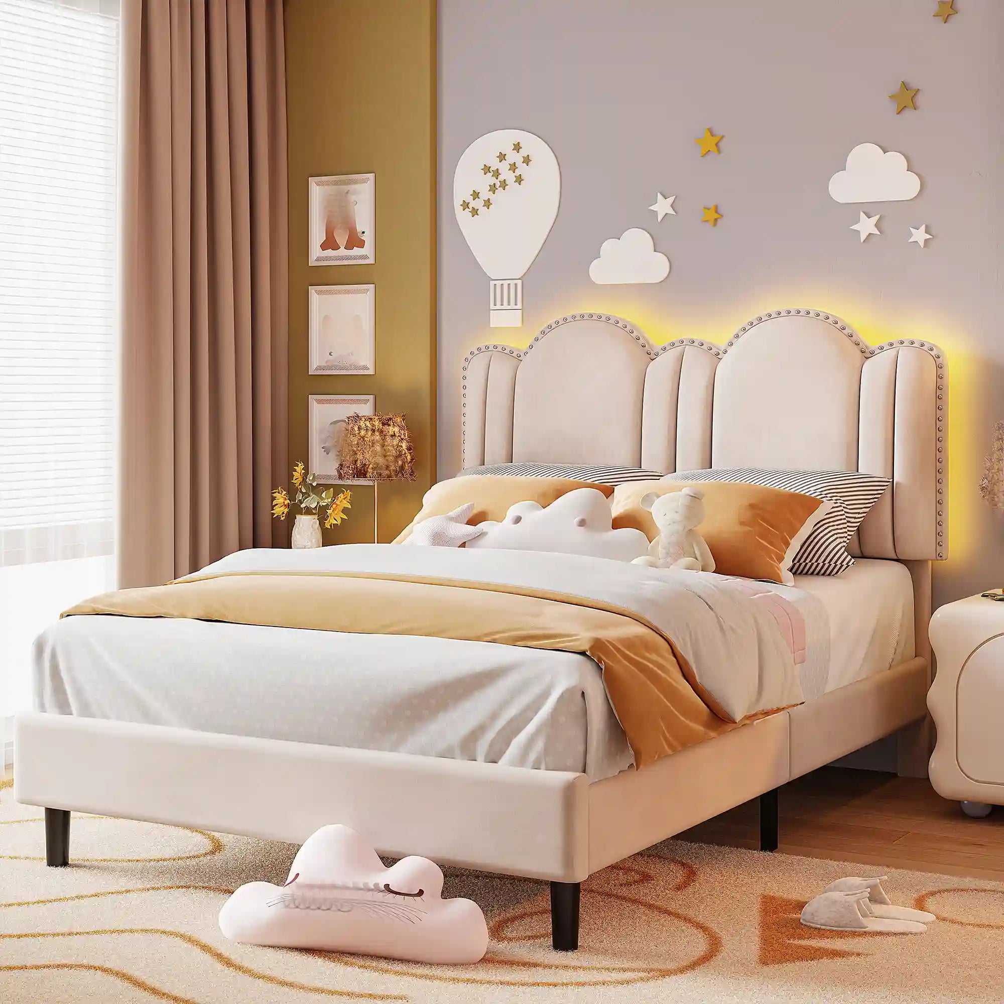 900 LBS Bed Frame with Headboard&LED Lights,Adjustable Cute Cloud Headboard,Noise Free&Easy Assembly