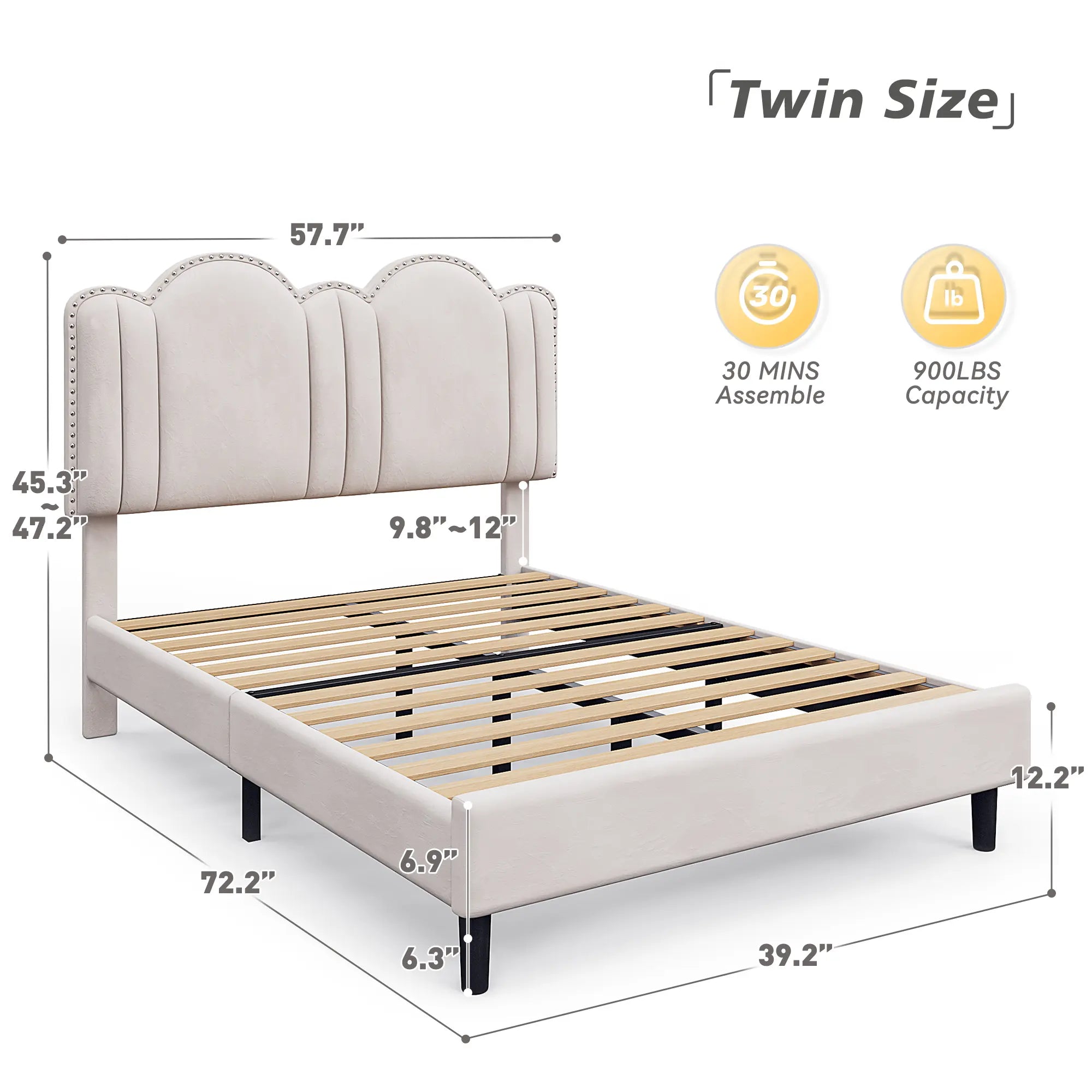 900 LBS Bed Frame with Headboard&LED Lights,Adjustable Cute Cloud Headboard,Noise Free&Easy Assembly