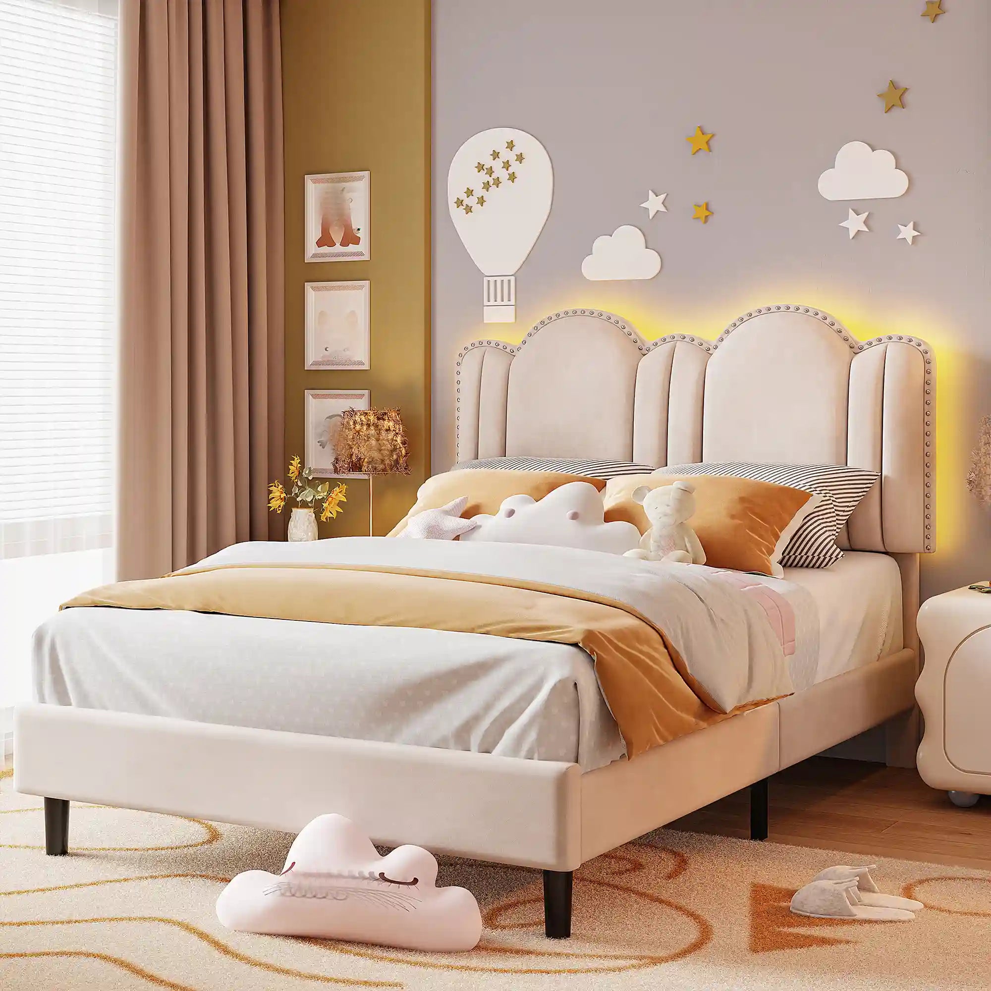 900 LBS Bed Frame with Headboard&LED Lights,Adjustable Cute Cloud Headboard,Noise Free&Easy Assembly