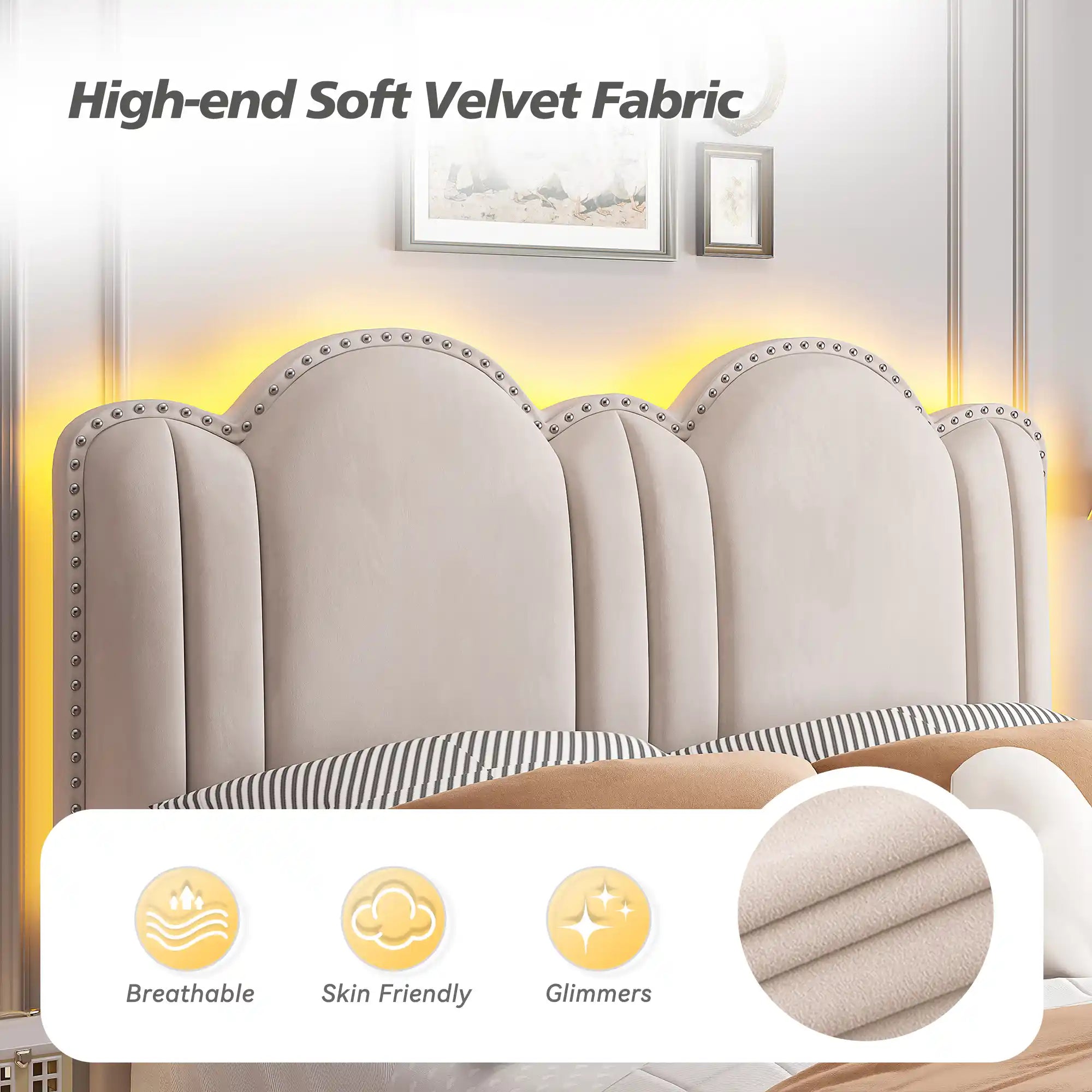 900 LBS Bed Frame with Headboard&LED Lights,Adjustable Cute Cloud Headboard,Noise Free&Easy Assembly
