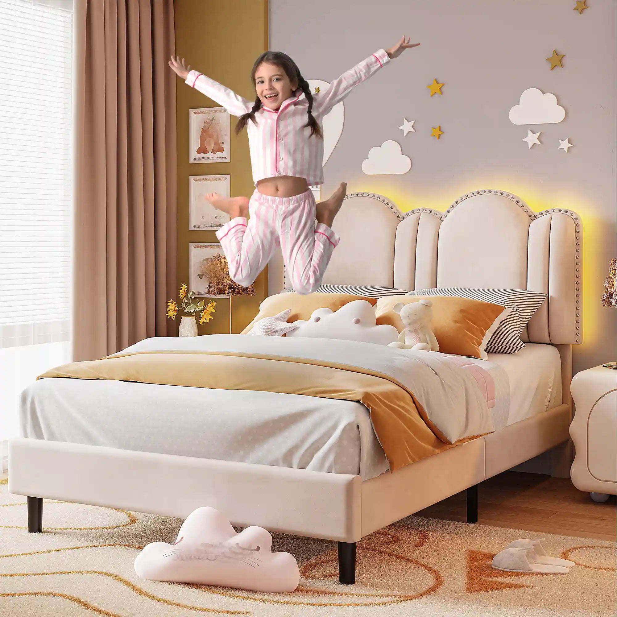 900 LBS Bed Frame with Headboard&LED Lights,Adjustable Cute Cloud Headboard,Noise Free&Easy Assembly