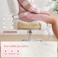 Snhomee White Bow Back Desk Chair, Fluffy Faux Rabbit Fur Seat, Adjustable Height, Swivel with Wheels&Lumbar Support,for Bedroom,Vanity,Study&Office