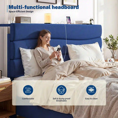 Snhomee Upholstered Bed Frames with Charging Stations Platform Bed & Adjustable Headboard,880 LBS Capacity, No Box Spring Needed, No Noise, Easy Assembly