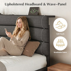 Snhomee Upholstered Bed Frame with Adjustable Headboard Shelf, USB Charging Station, Heavy Duty Wooden Slats Support, 880 lbs Capacity, Noise-Free, No Box Spring Needed, Modern Bed for Apartments